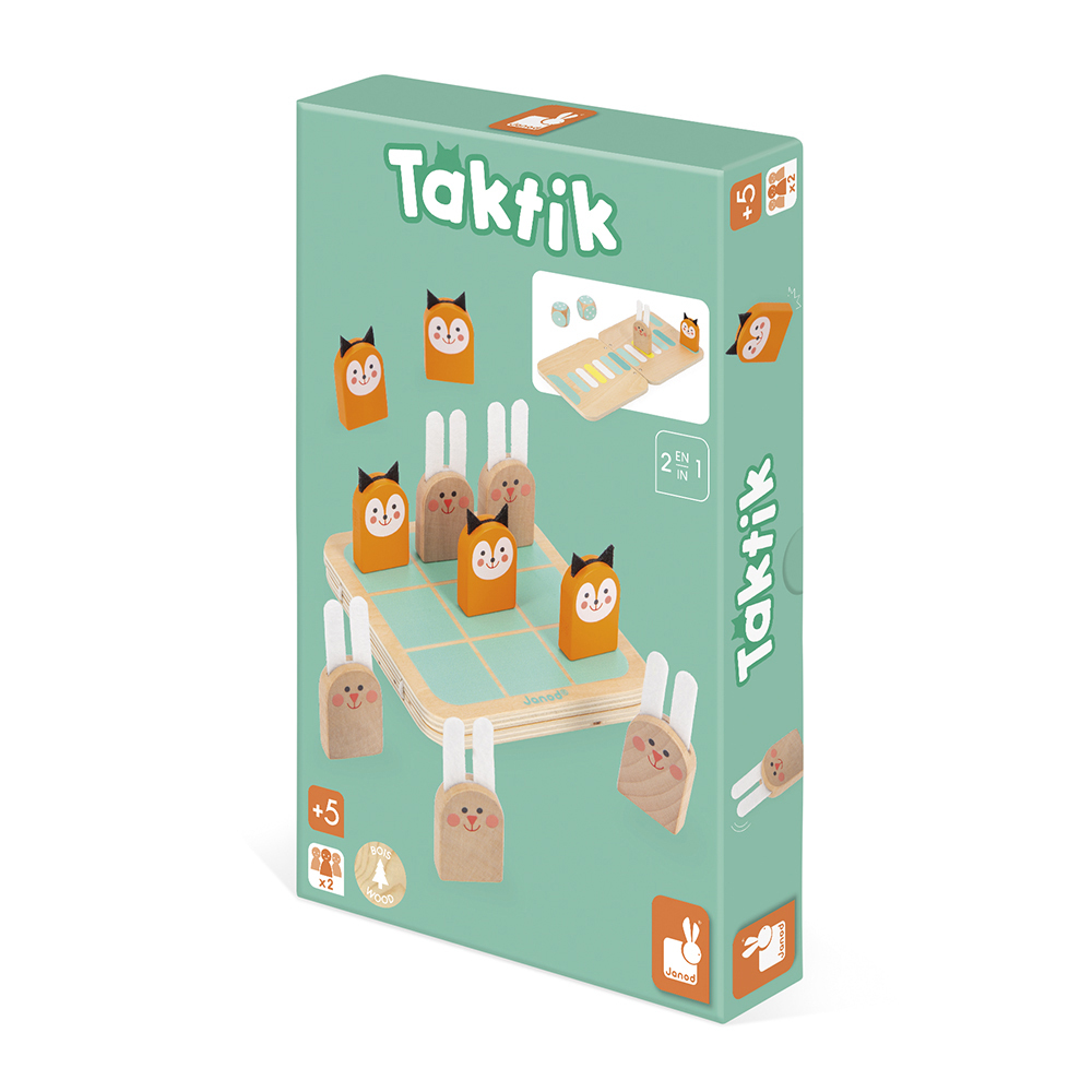 Eine Taktik-Spielbox mit hölzernen Fuchs- und Hasenstücken auf einem Brett. Die Box ist grün mit Spieldetails und dem Janod-Logo.