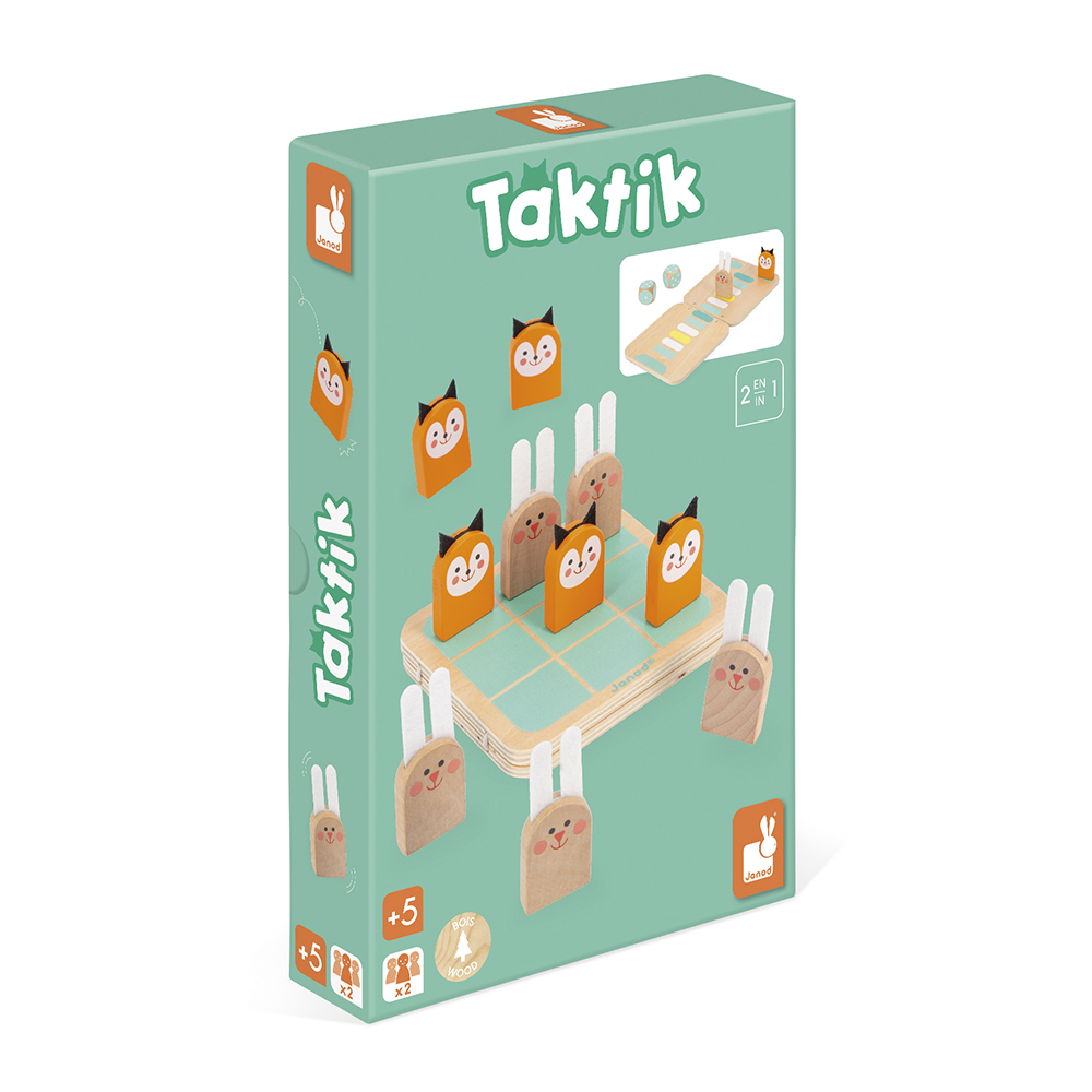 Schachtel des Spiels Taktik. Enthält Fuchs- und Kaninchenfiguren auf einem Raster. Grüne Schachtel mit Spieldetails und Janod-Logo.