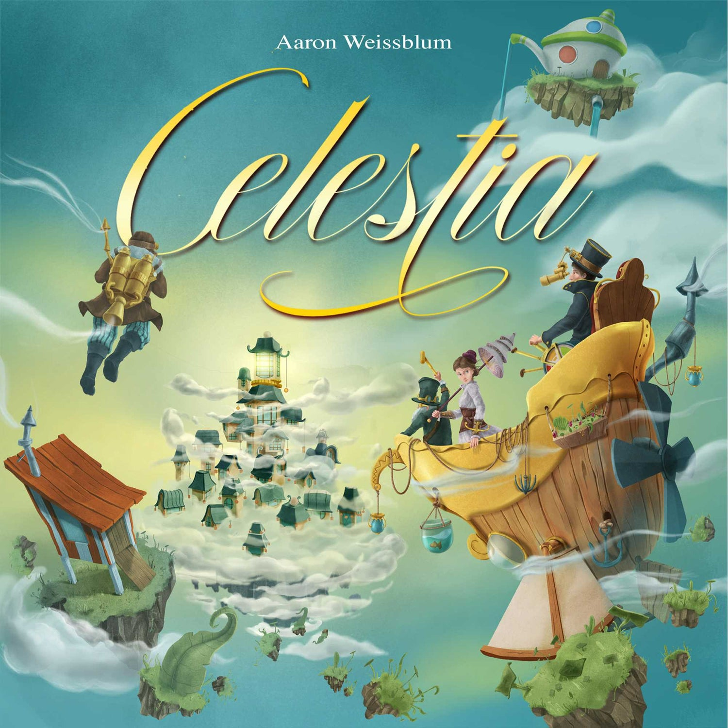 Fantasie-Kunstwerk einer schwebenden Stadt, Luftschiffen und Charakteren. Der Titel 'Celestia' ist prominent. Eine Person mit Jetpack fliegt.