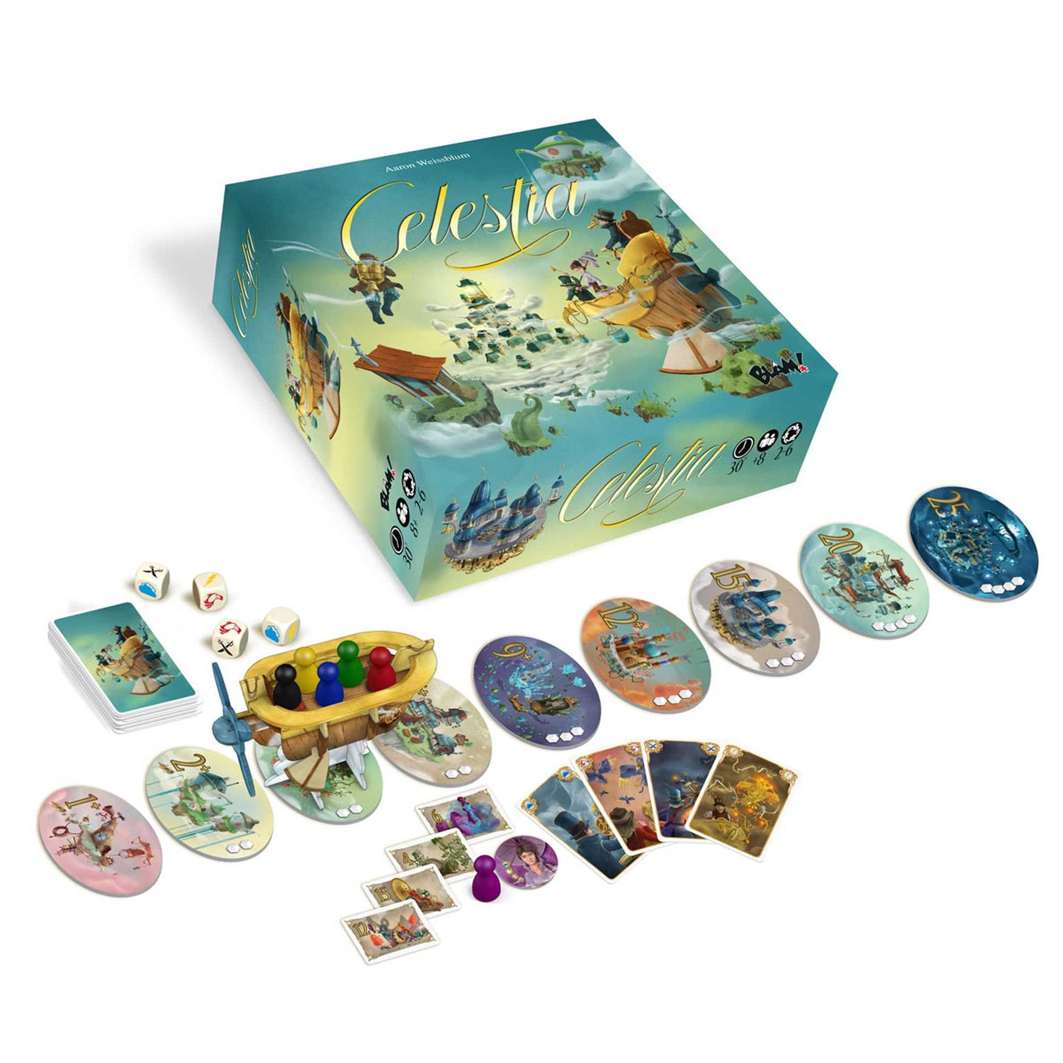 Das Brettspiel Celestia wird angezeigt. Es enthält eine Schachtel, Würfel, Karten, Spielsteine und ein Boot mit farbigen Figuren. Die Schachtel befindet sich in einem blauen Himmel.