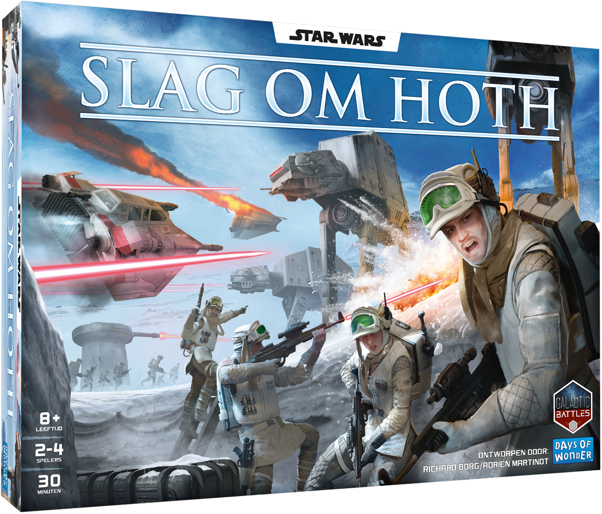 Arte de la caja del juego de mesa Star Wars. Soldados de nieve luchan contra AT-AT y naves en un paisaje nevado. El título es "Slag om Hoth".