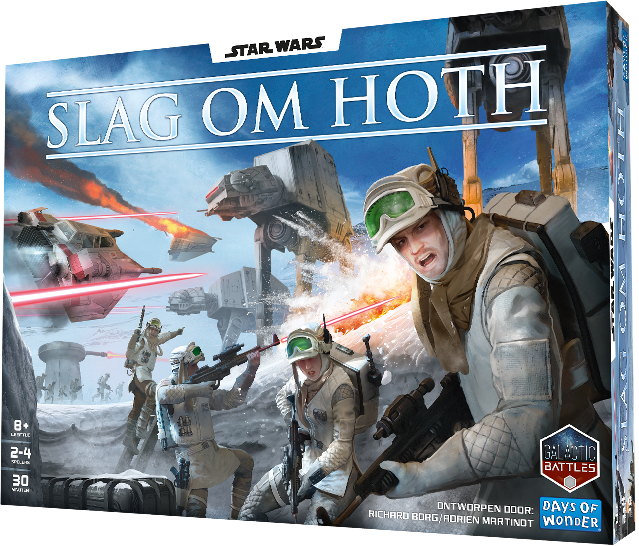 Arte de la caja del juego de mesa Star Wars. Soldados de nieve luchan contra AT-ATs y cazas en Hoth. El título es 'Slag Om Hoth'.