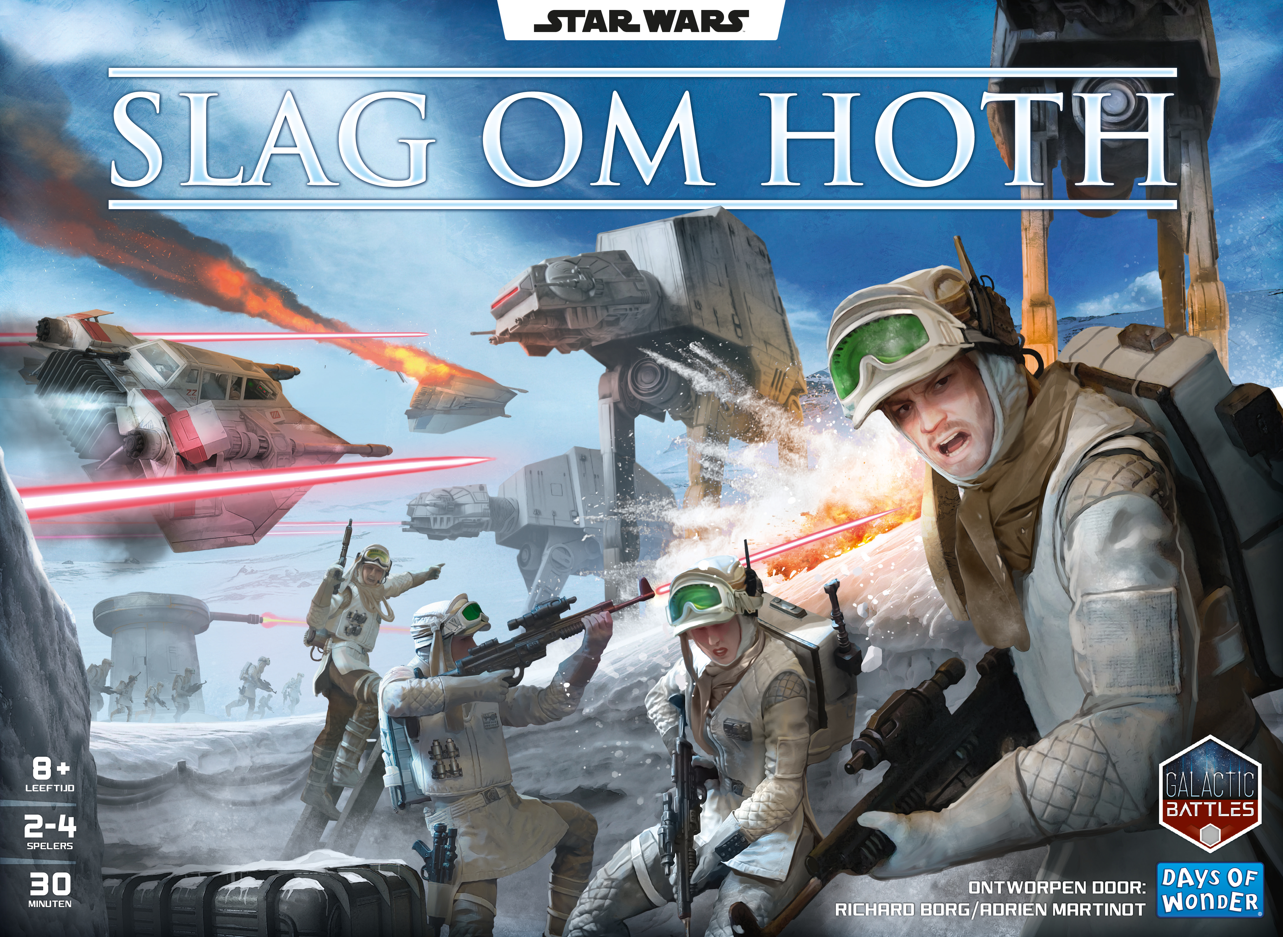 Arte de la caja del juego Star Wars: Soldados de nieve luchan contra AT-ATs. Las naves disparan láseres. El título es 'Slag om Hoth'.