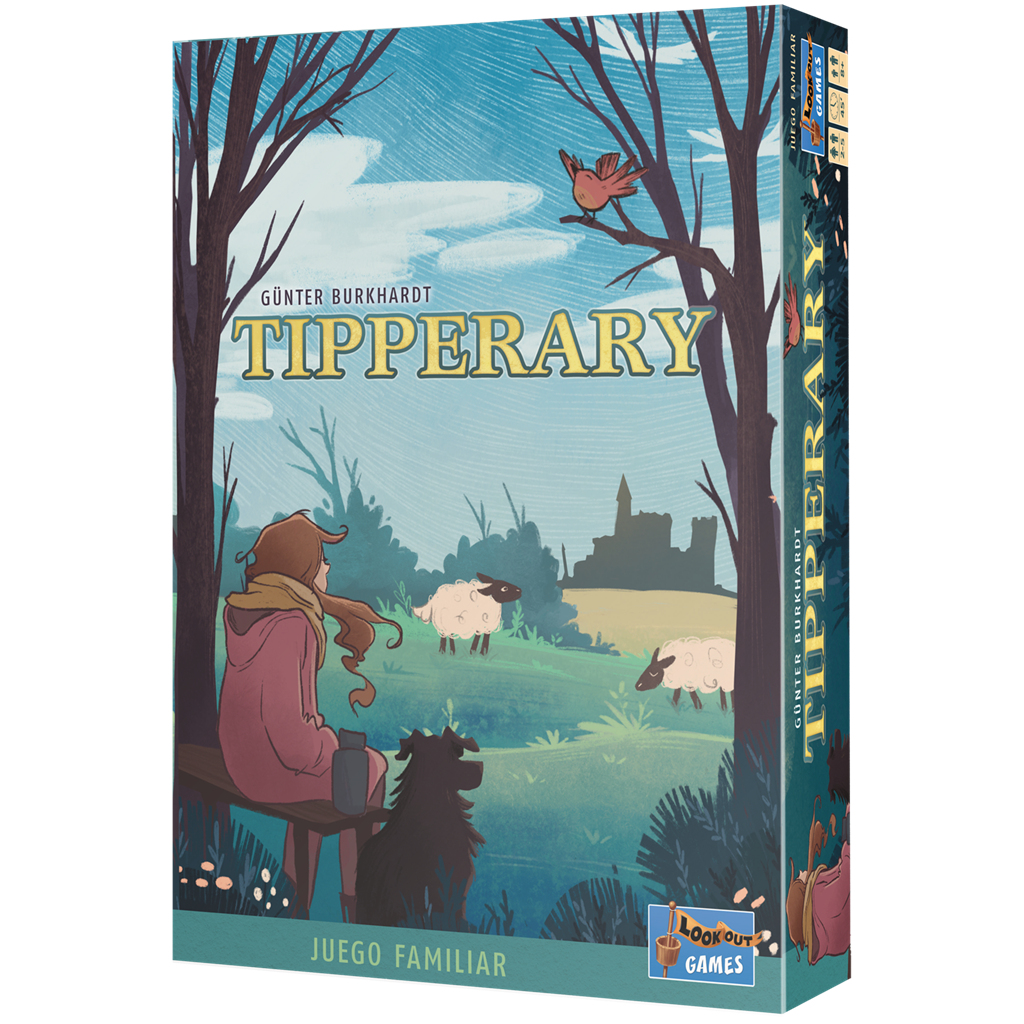 Arte de la caja del juego. Una mujer y un perro miran ovejas. Título de Tipperary. Árboles, pájaro y un castillo al fondo.