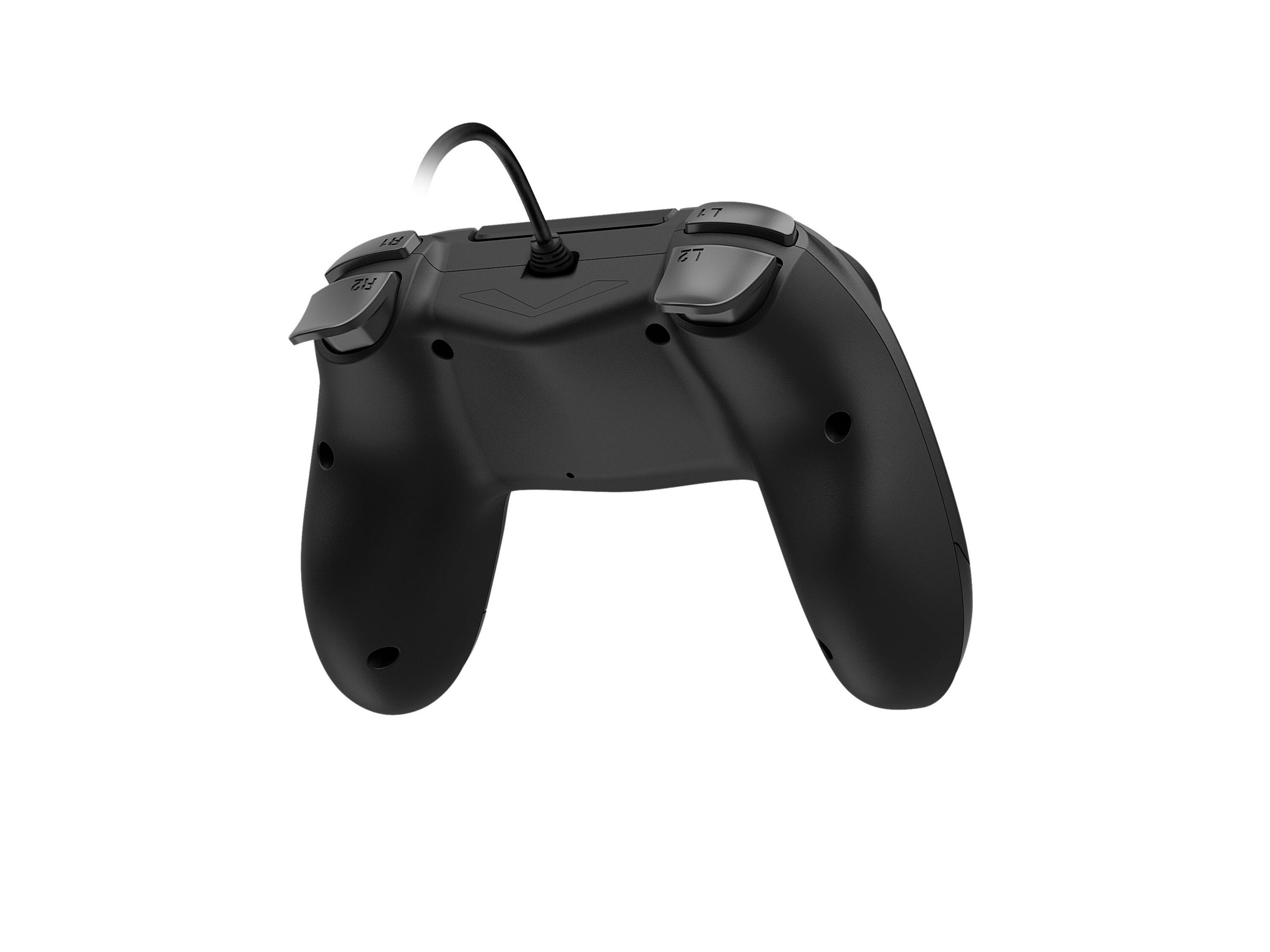 Un controller nero, visto da dietro, con grilletti, pulsanti e un cavo su sfondo bianco.