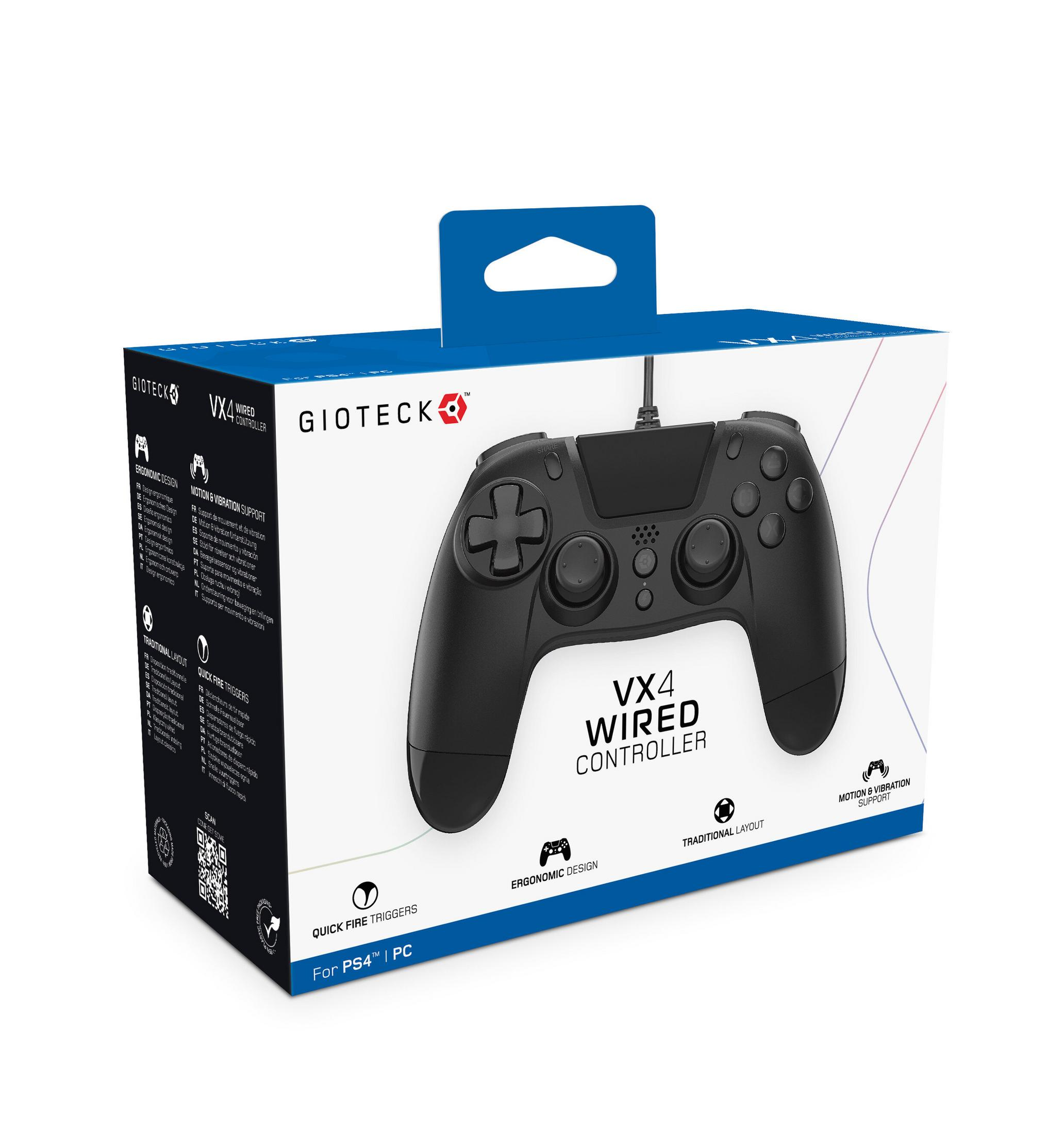 Un controller cablato VX4 nero in una scatola. La scatola è bianca con dettagli blu. Il controller è per PS4 e PC.