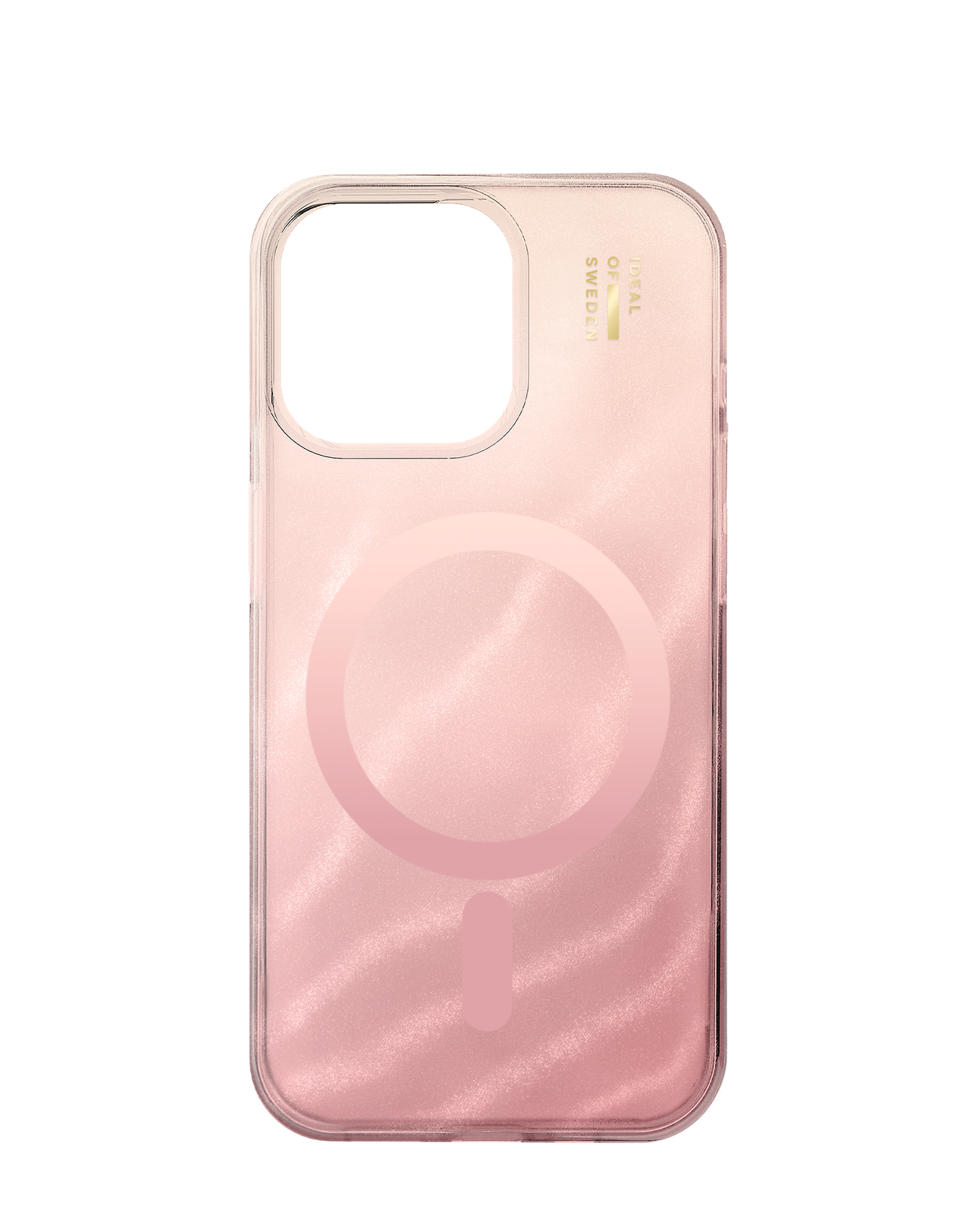 Eine transparente iPhone-Hülle mit rosa Farbverlauf. Sie hat einen Magnetkreis und ein kleines Rechteck unten.