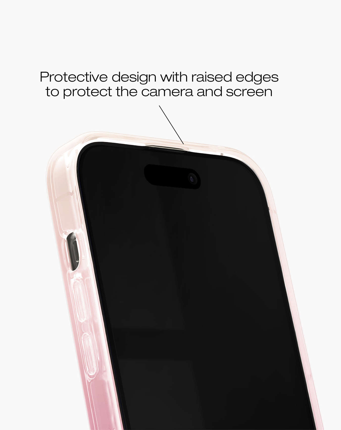Ein Telefon in einer rosa Hülle. Die Hülle hat erhöhte Kanten, um Kamera und Bildschirm zu schützen. Schwarzer Telefonbildschirm.