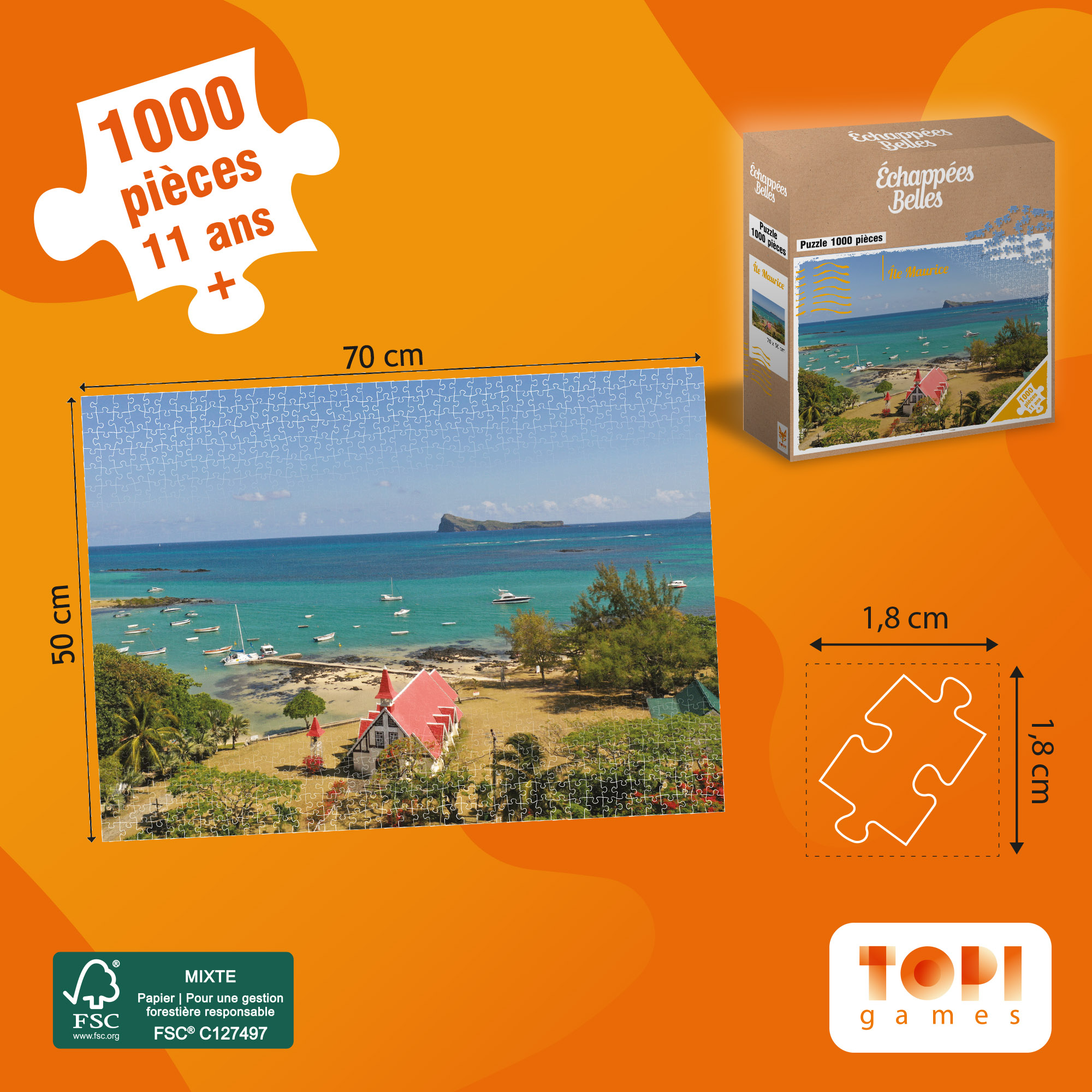 Eine Puzzle-Box mit 1000 Teilen, die eine Küstenlandschaft mit Booten, einer Kirche und dem Meer zeigt.