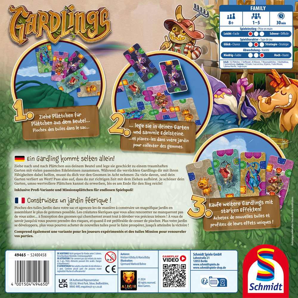 Boîte de jeu avec le titre 'Gardlings'. Elle montre des cartes et des éléments de jeu, avec des personnages et des instructions.