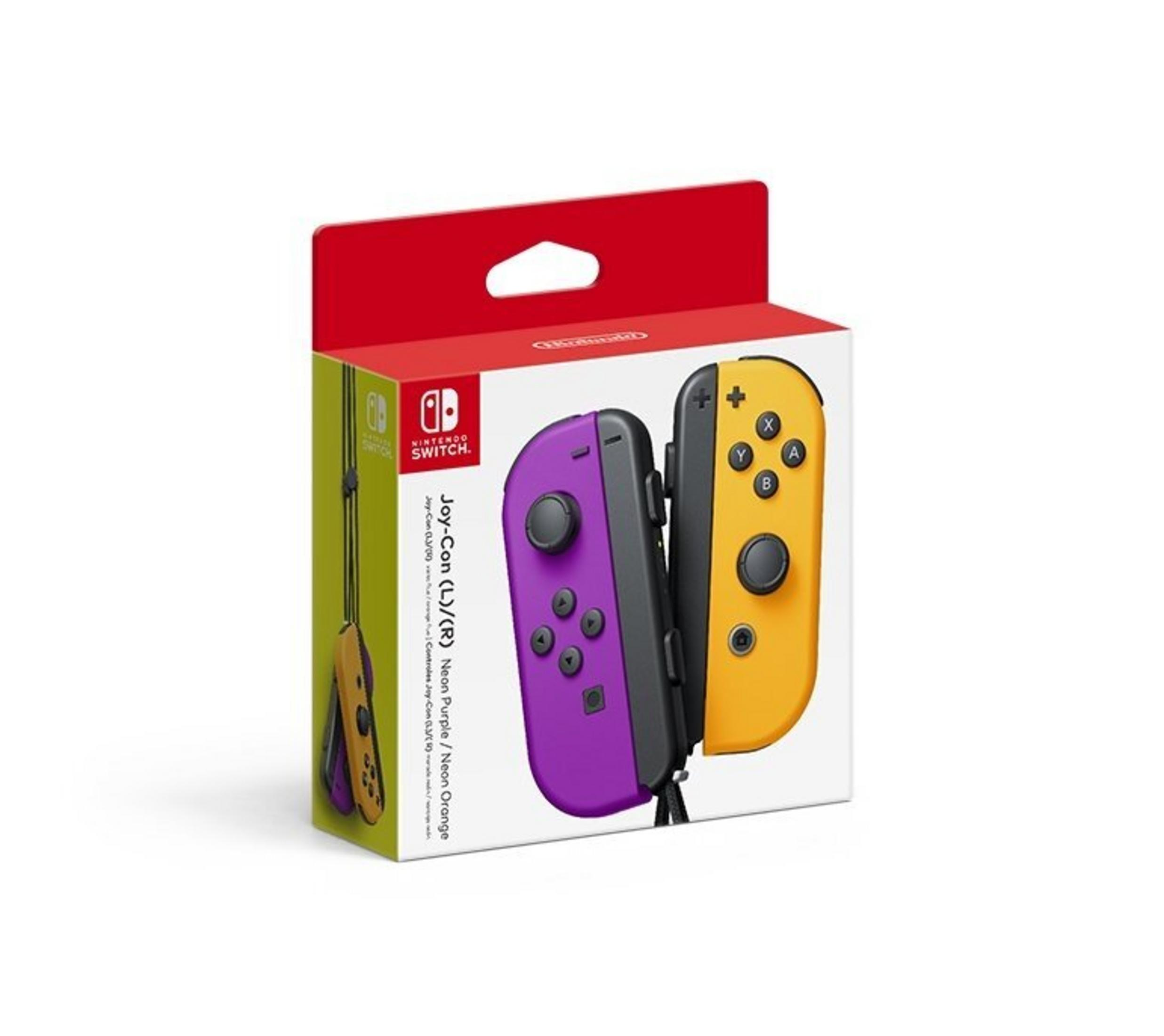 Una caja con mandos Joy-Con de Nintendo Switch morados y amarillos. La caja es roja y blanca.