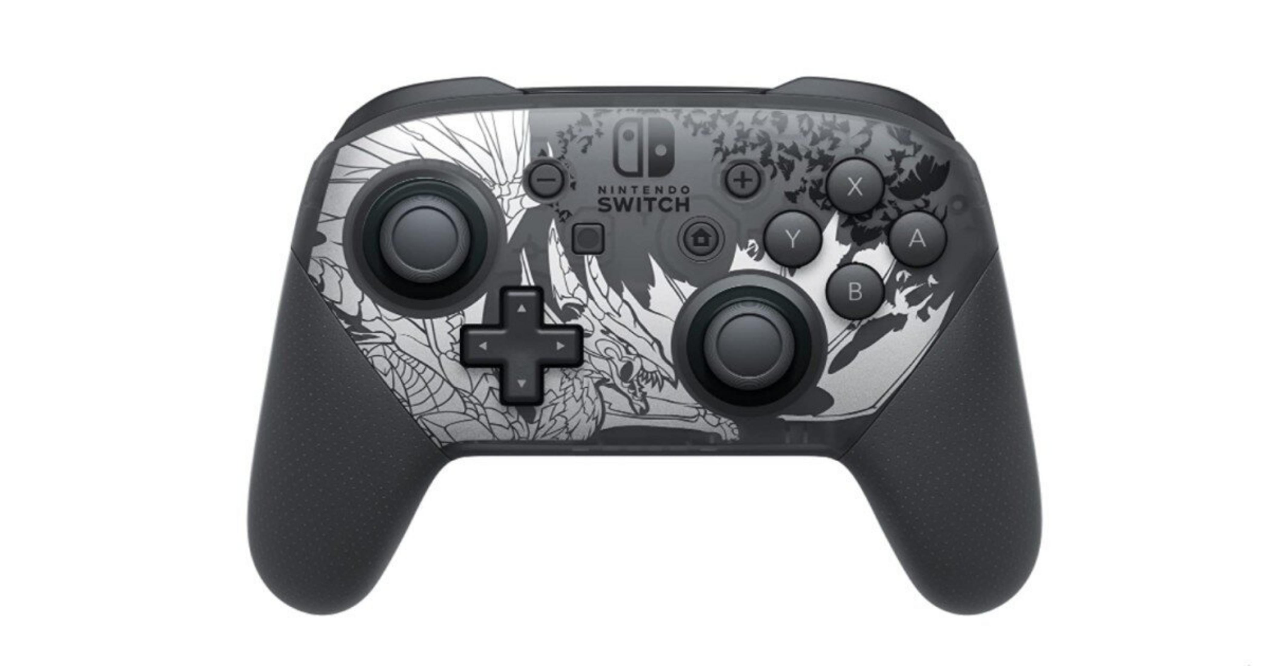 Kontroler Nintendo Switch Pro. Jest szary i czarny z dekoracyjnymi wzorami i przyciskami. Widoczne jest logo Nintendo Switch.