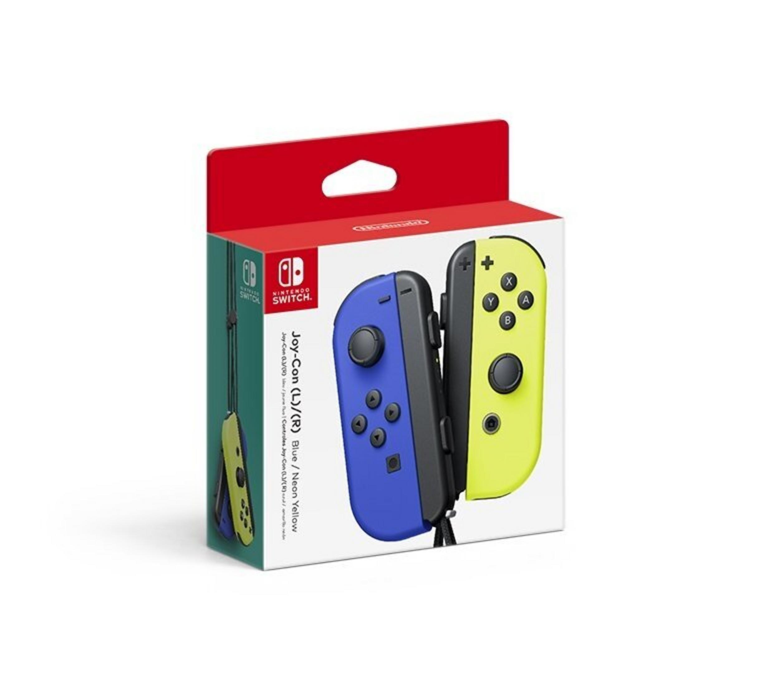 A box with blue and yellow Nintendo Switch Joy-Con controllers. The box is white, red, and green.
