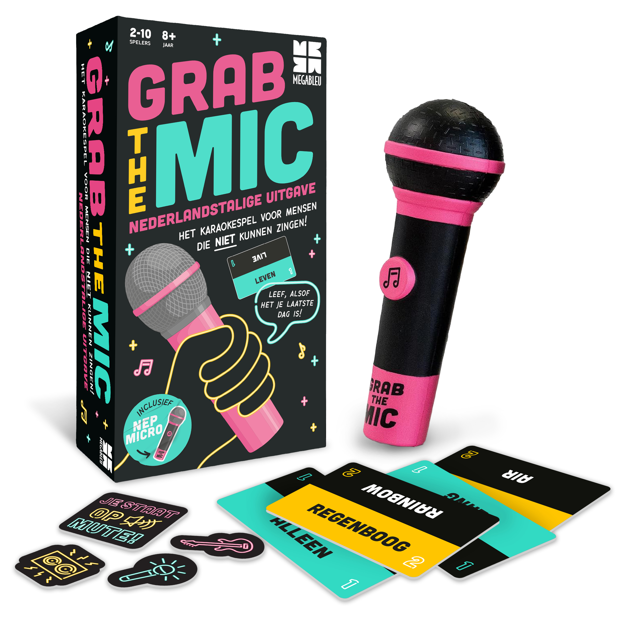 Het spel 'Grab the Mic' heeft een doos, kaarten en een speelgoedmicrofoon. De tekst is in het Nederlands. De kleuren zijn roze, zwart en blauwgroen.