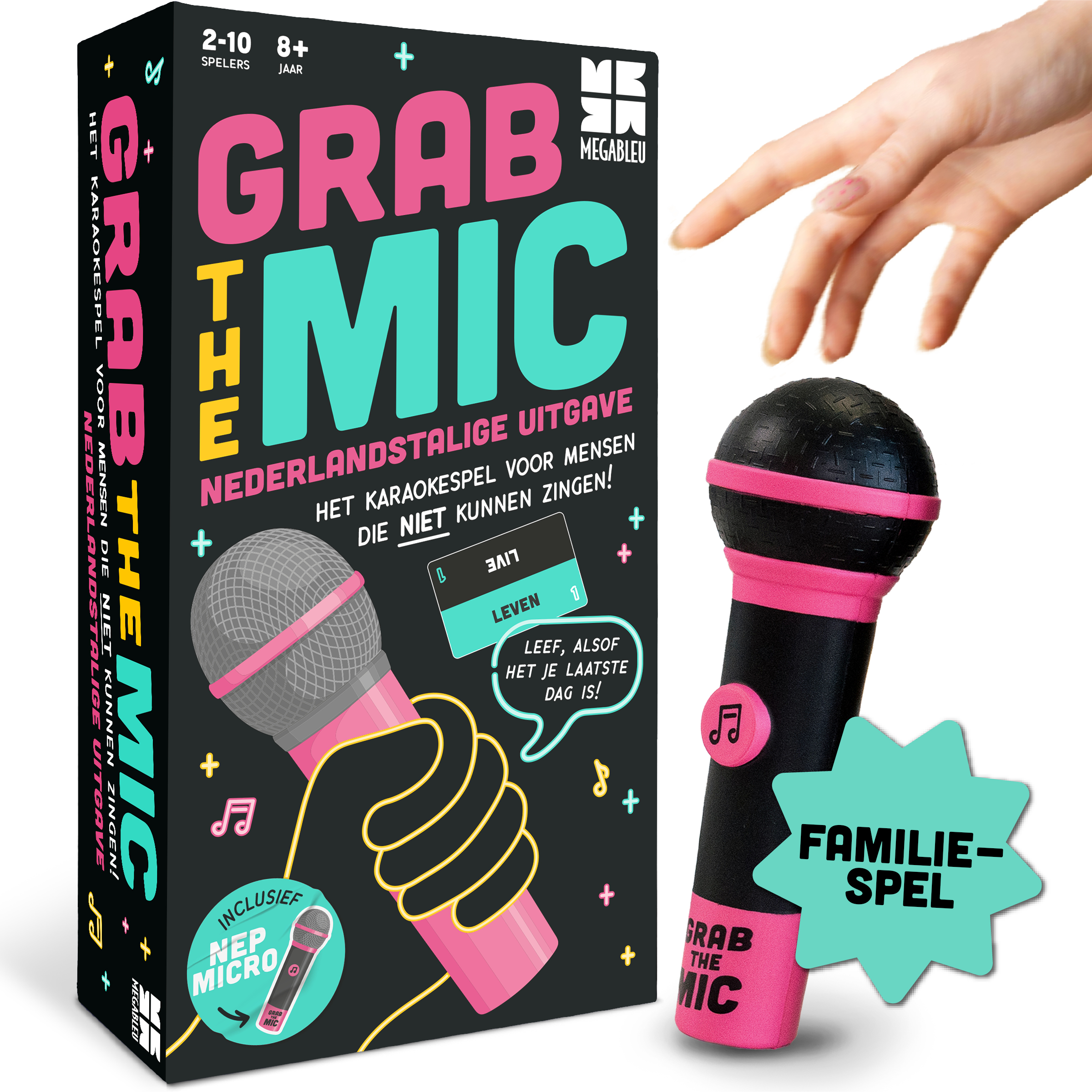 Box art voor 'Grab the Mic' karaokespel. Toont een speelgoedmicrofoon en hand. Tekst in het Nederlands.