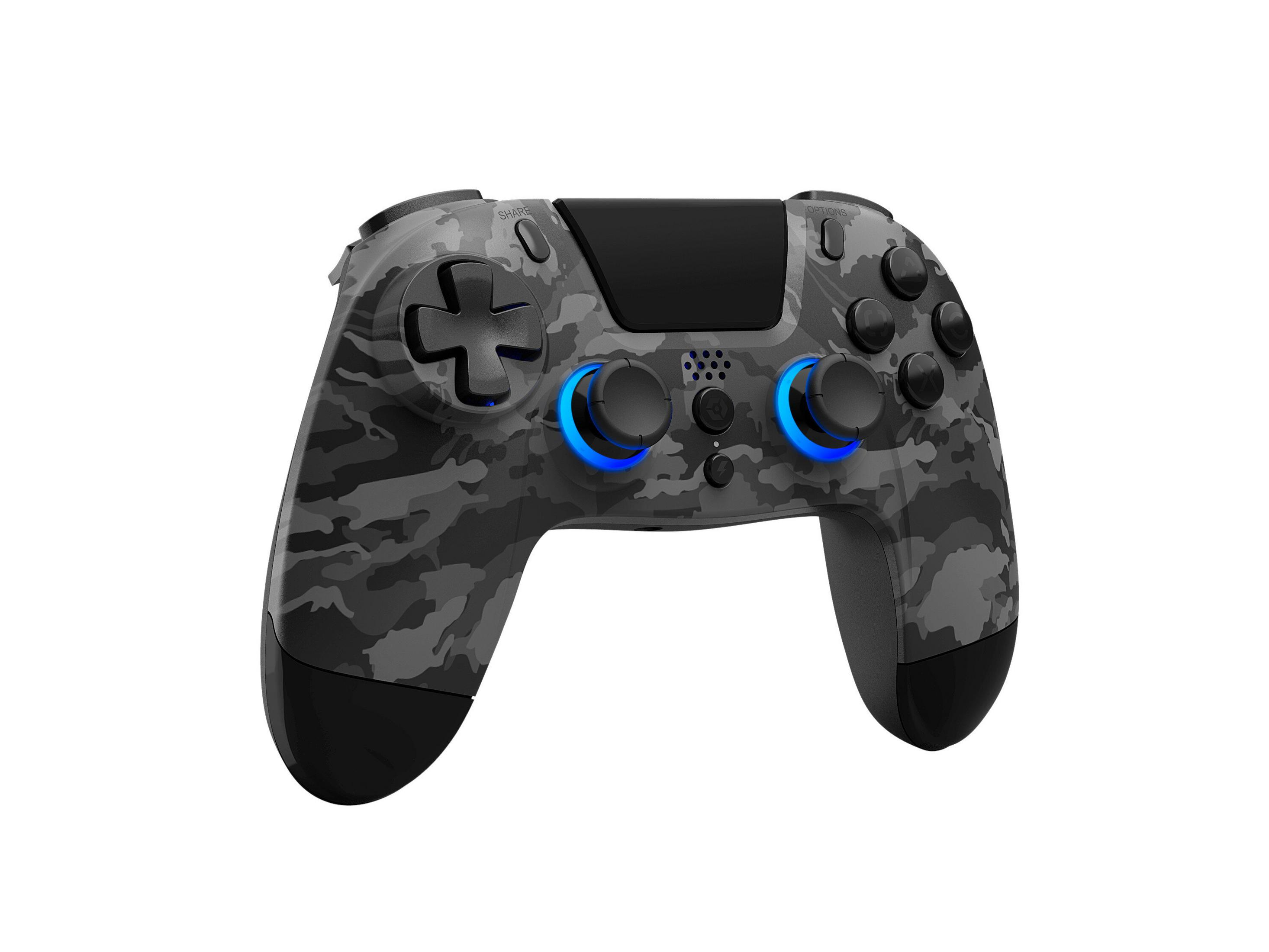 Un gamepad mimetico grigio. Ha pulsanti, joystick e un D-pad. I joystick hanno una luce blu.