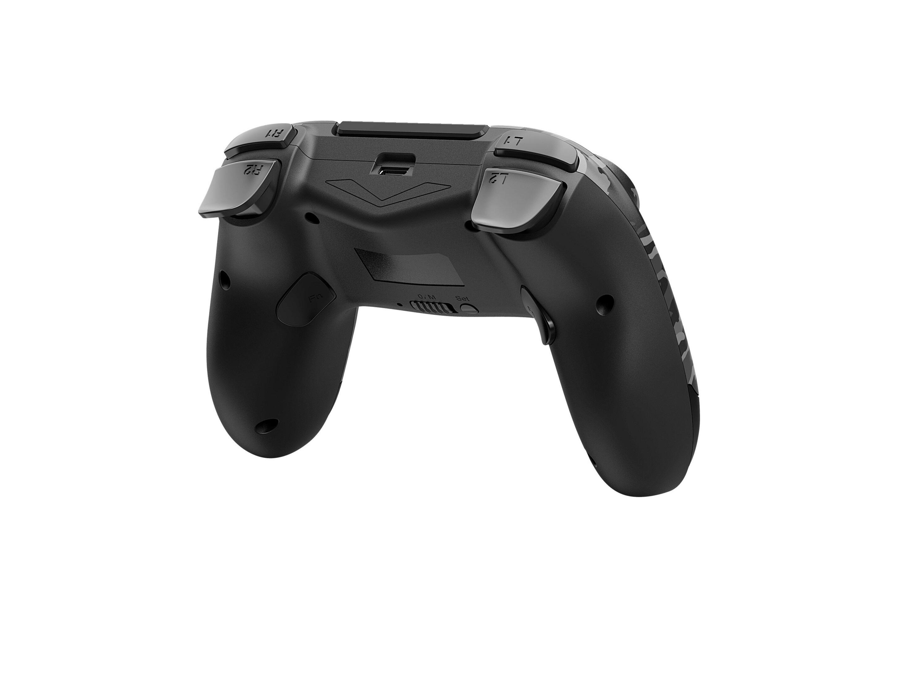 Un controller di gioco nero, visto da dietro, con pulsanti etichettati e impugnature strutturate, isolato su bianco.
