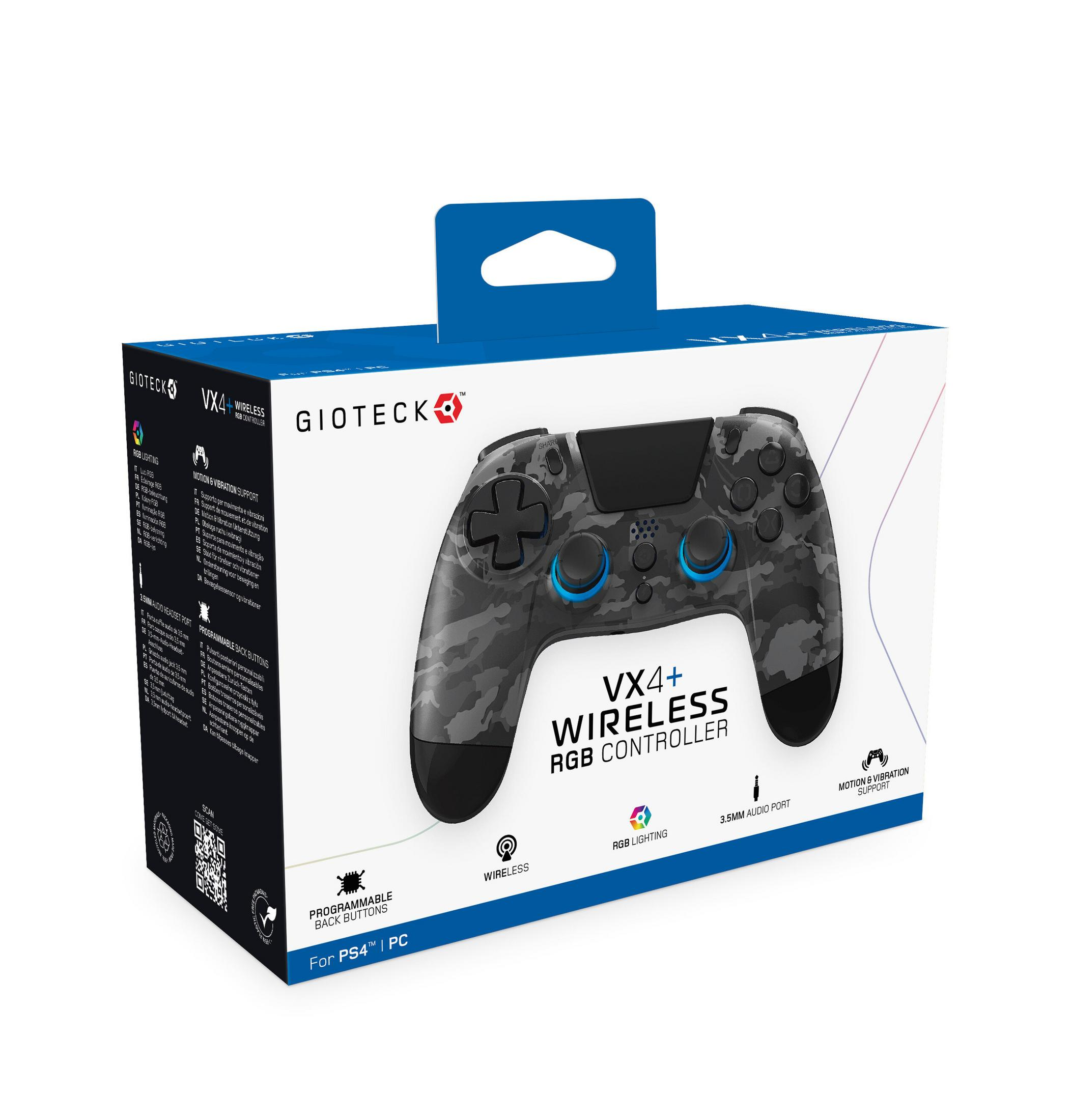 Una scatola del controller RGB wireless Gioteck VX4+. Il controller ha un design mimetico. Include illuminazione RGB e porta audio da 3,5 mm.
