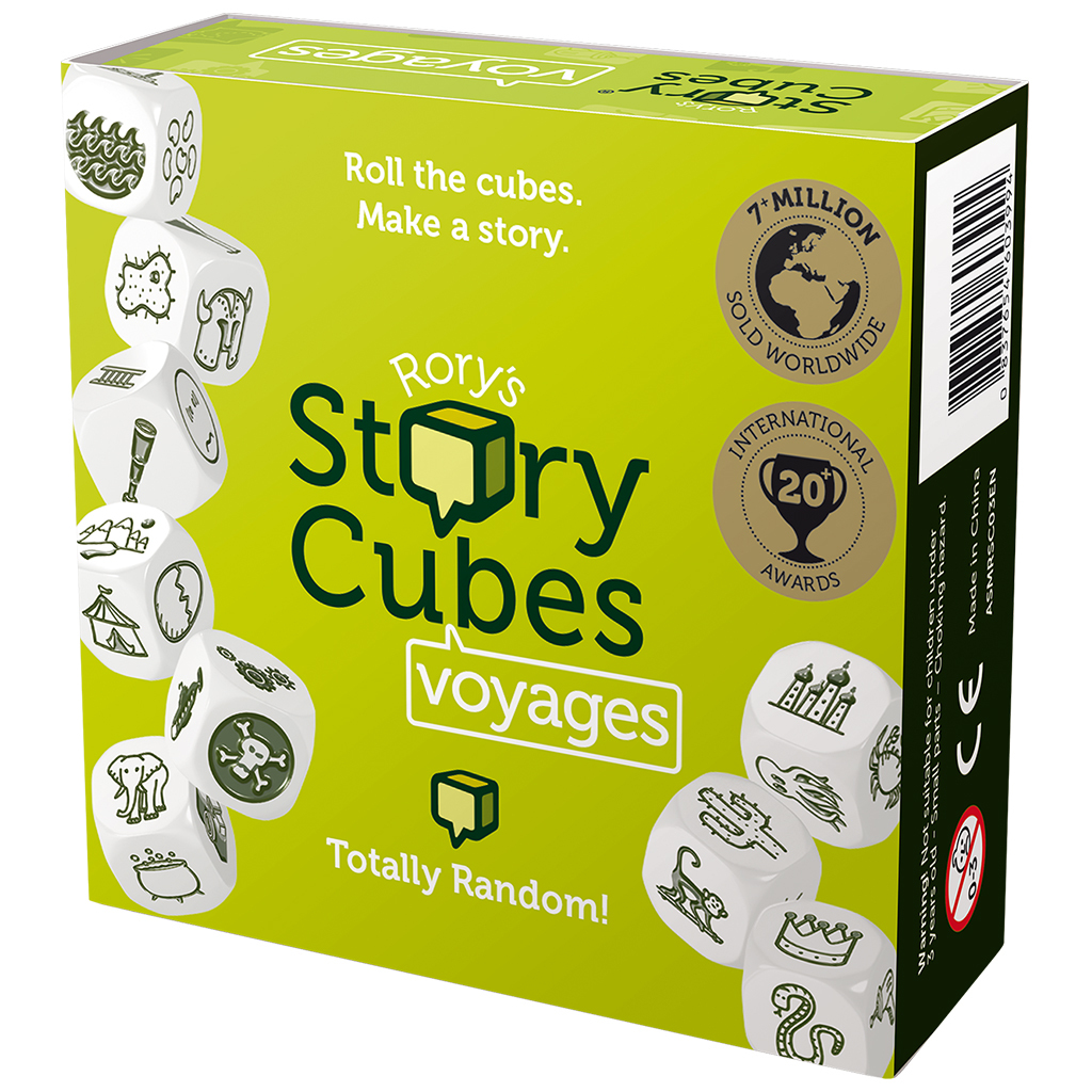 Eine Schachtel mit Rory's Story Cubes Voyages. Würfel mit verschiedenen Symbolen werden angezeigt. Die Schachtel ist grün und weiß mit Text.