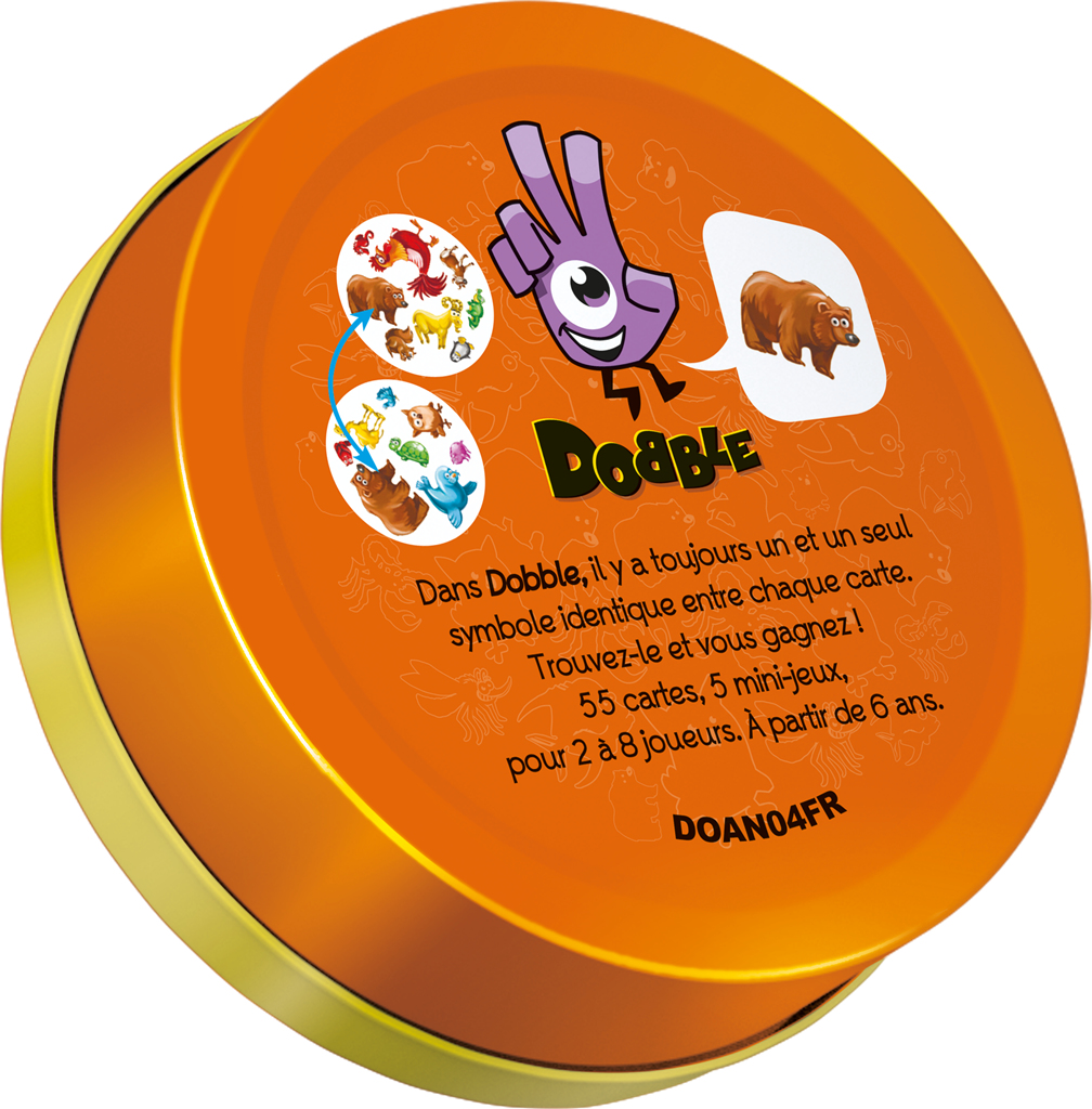 Eine orangefarbene Dobble-Spieldose. Sie hat Illustrationen verschiedener Tiere und eine lila Hand mit einem Gesicht.