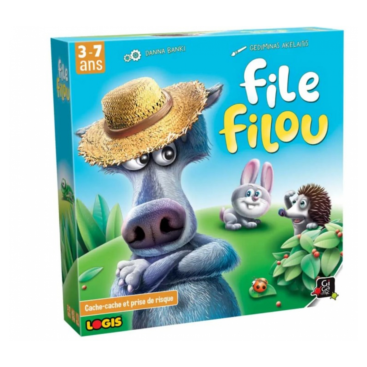 Auf einer Spielbox ist ein blaues Cartoon-Tier mit Hut abgebildet. Ein Hase und ein Igel sind auf Gras. Der Titel des Spiels lautet 'File Filou'.
