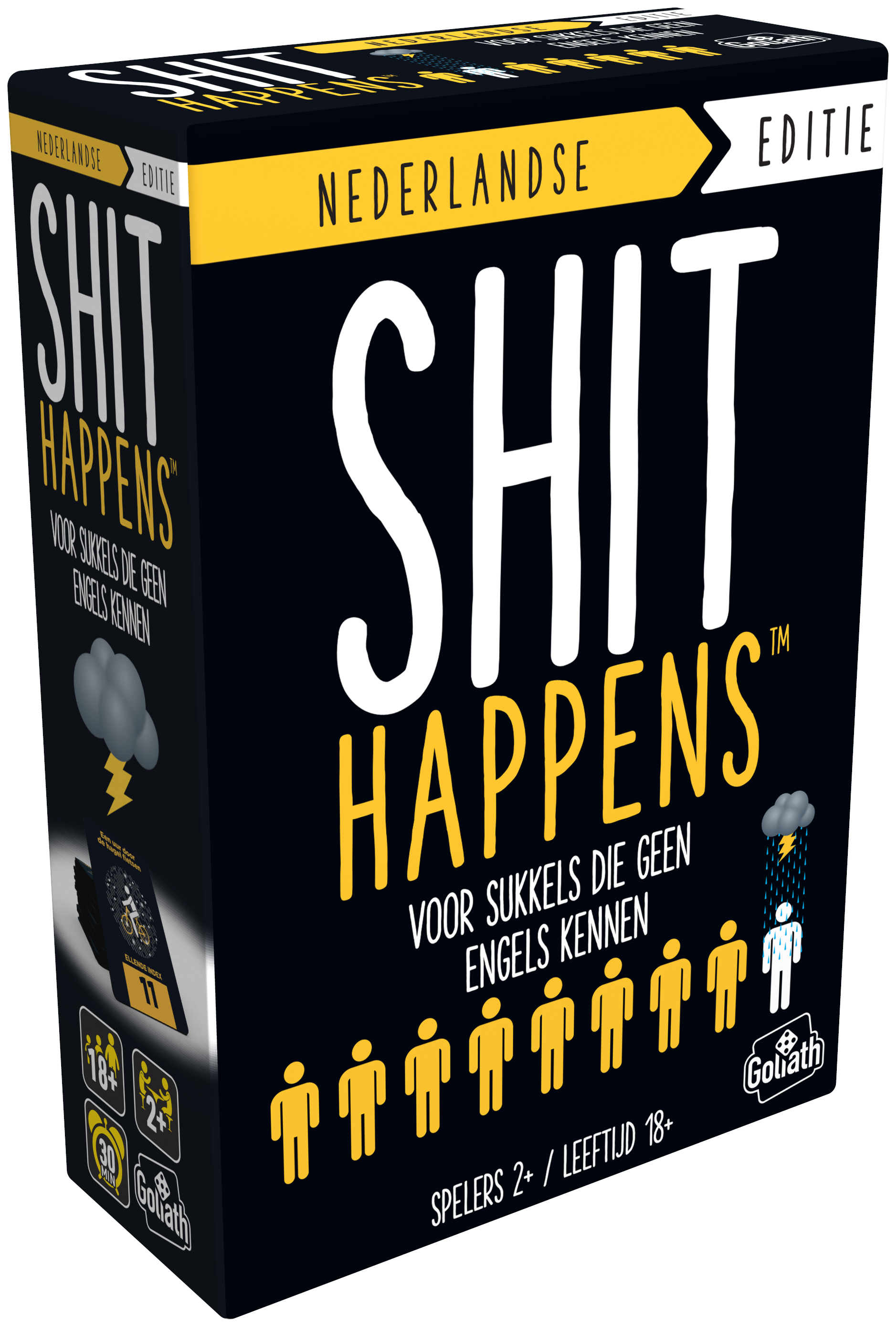 Doosontwerp voor 'Shit Happens'-spel. Zwarte achtergrond met witte en gele tekst. Toont iconen met een wolk, bliksem en mensen.