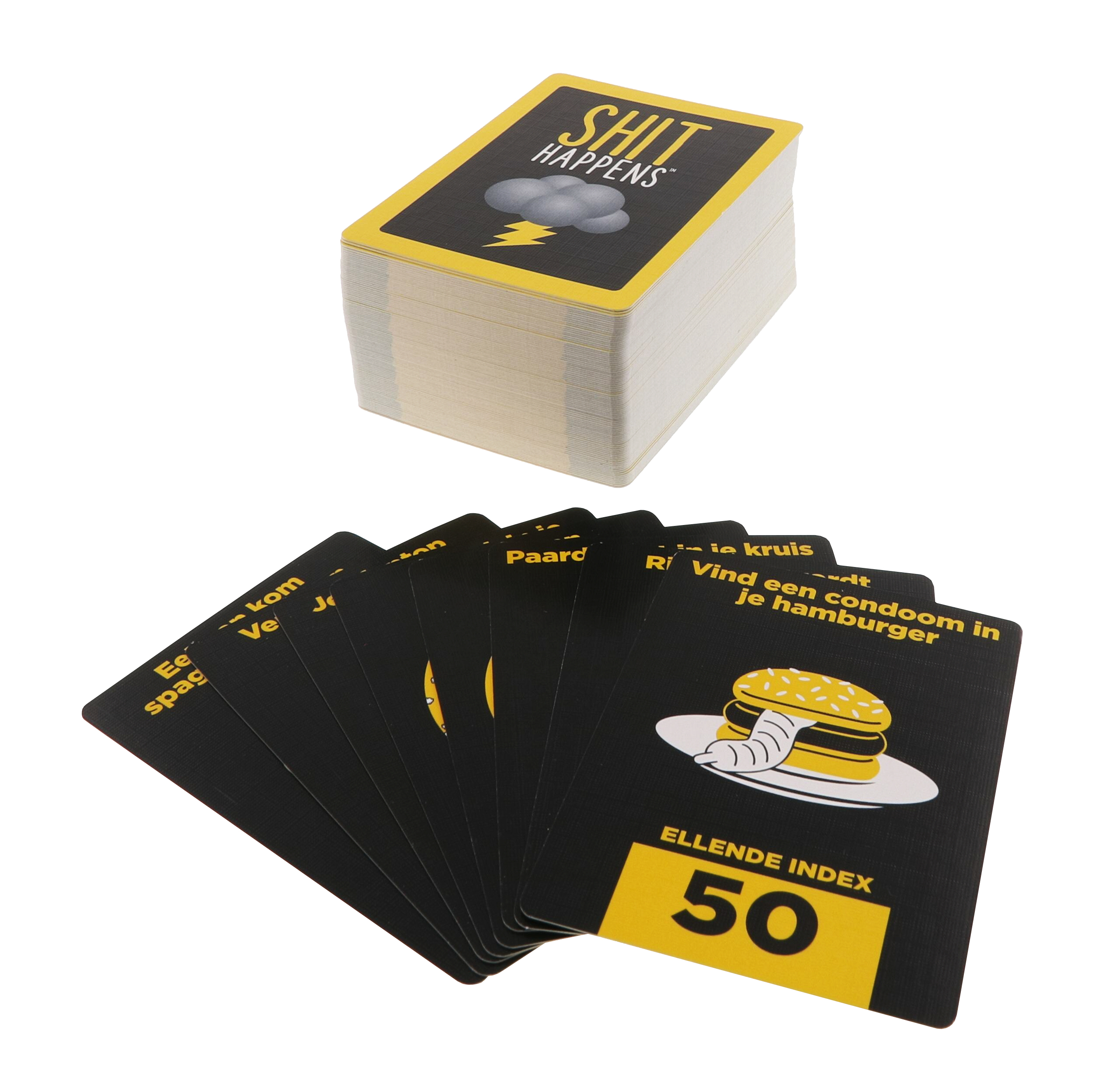 Een kaartspel met de tekst 'SHIT HAPPENS' en verschillende kaarten uitgespreid. Eén kaart toont een hamburger met het nummer 50.