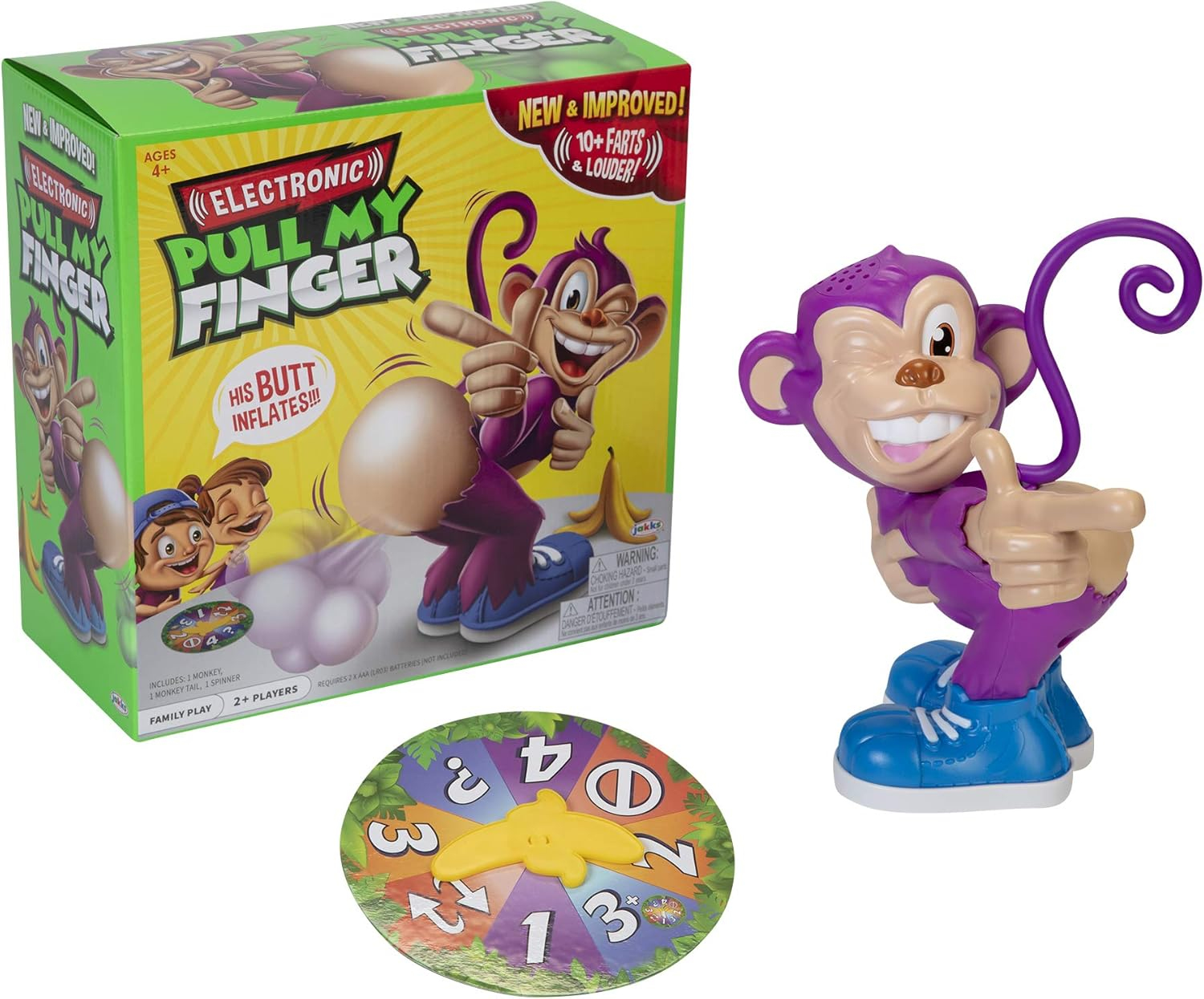 Ein Spielkarton mit einer Affenfigur. Auf der Schachtel steht 'Pull My Finger'. Ein Spinner und ein Affenspielzeug sind ebenfalls zu sehen.