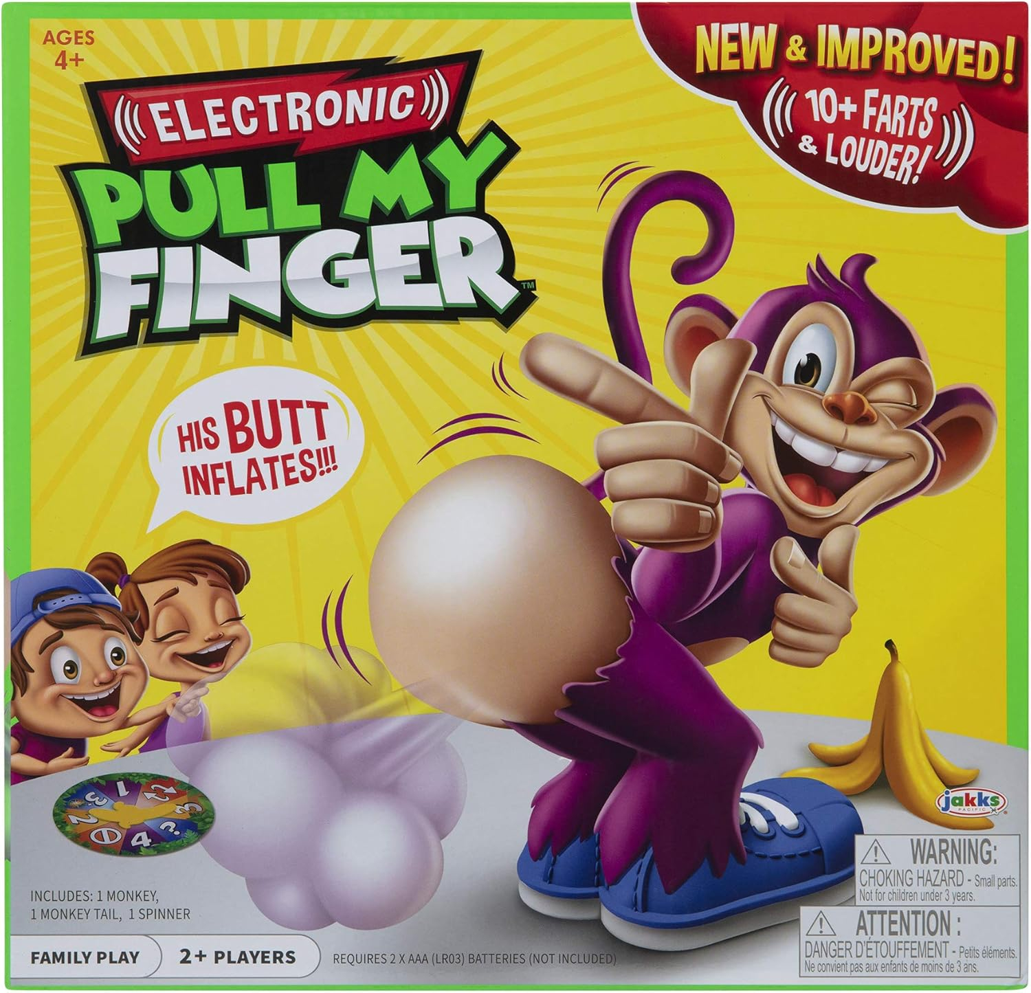 Spielbox mit einem Zeigenden Cartoon-Affen. Der Hintern des Affen bläht sich auf. Kinder lachen. Eine Banane und ein Spinner sind ebenfalls vorhanden.