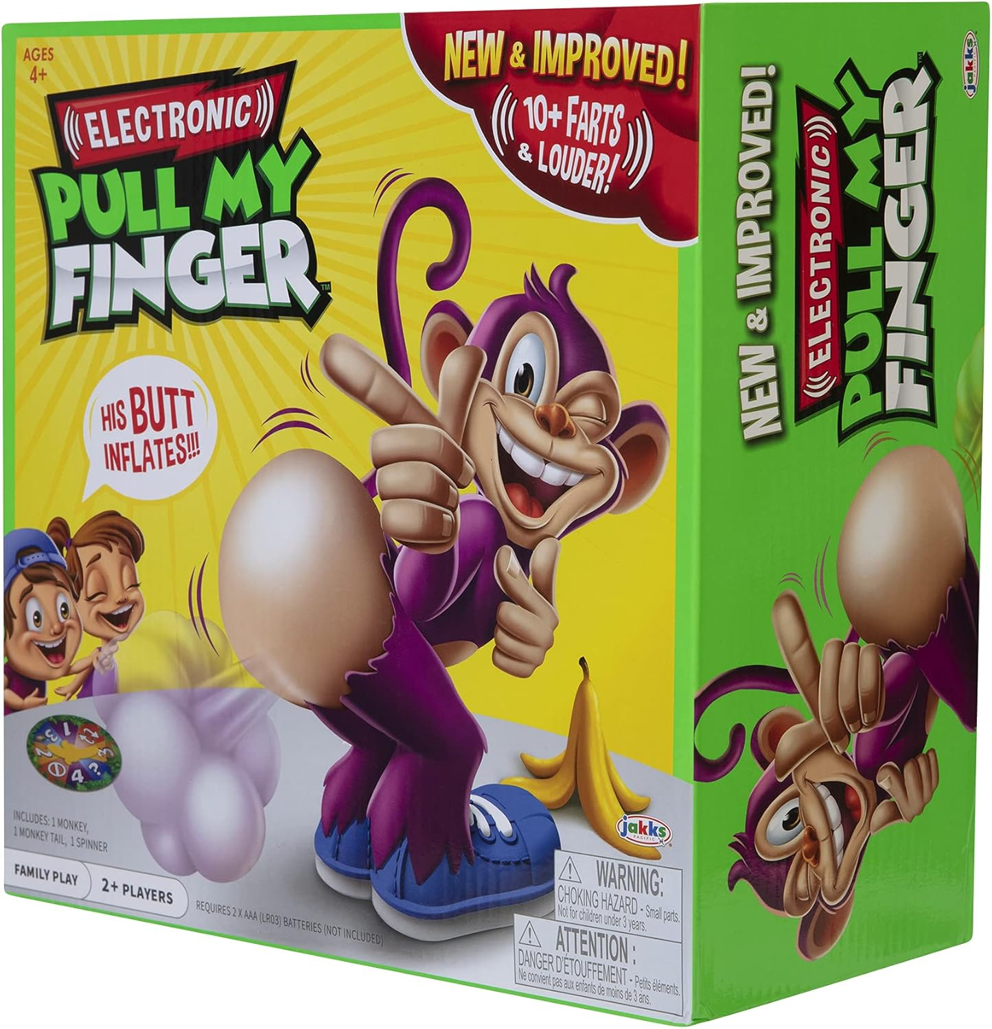 Schachtel des Spiels "Pull My Finger" mit einem Cartoon-Affen. Der Affe hat einen großen, aufgeblasenen Hintern und zeigt. Banane vorhanden.
