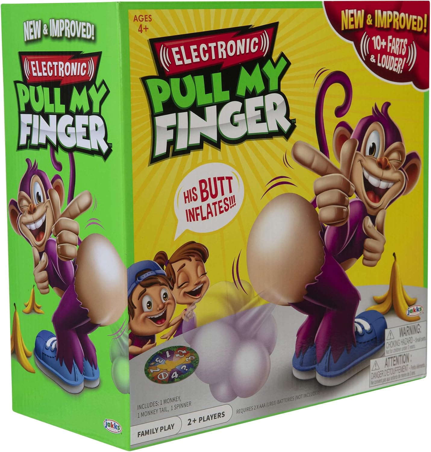 Schachtelkunst für das Spiel 'Pull My Finger'. Ein Affe wird mit einem aufgeblasenen Hintern gezeigt. Kinder lachen im Hintergrund. Bananen und Spinner.