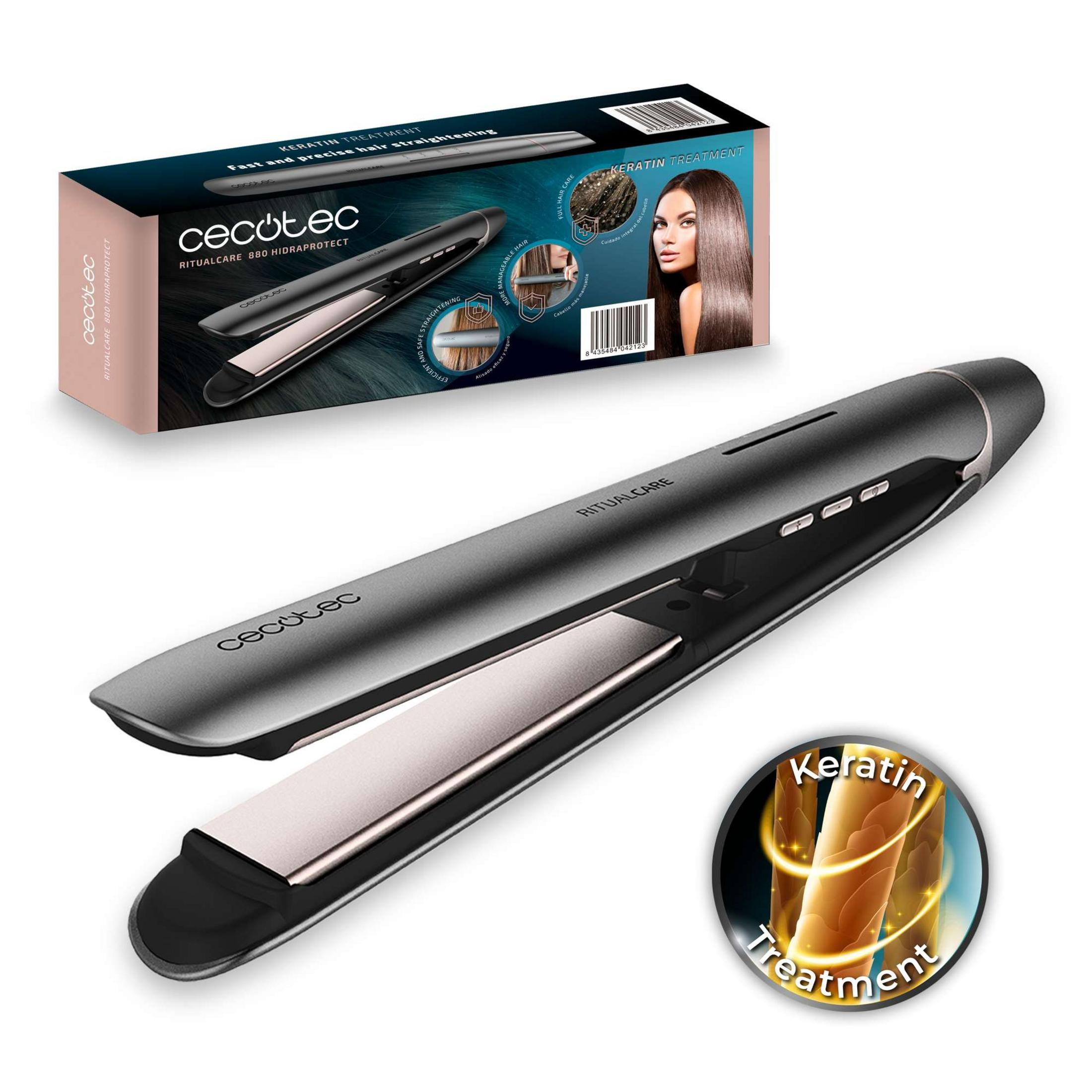 Plancha de pelo y caja. La caja tiene texto e imágenes de cabello. La plancha es gris oscuro y oro rosa.