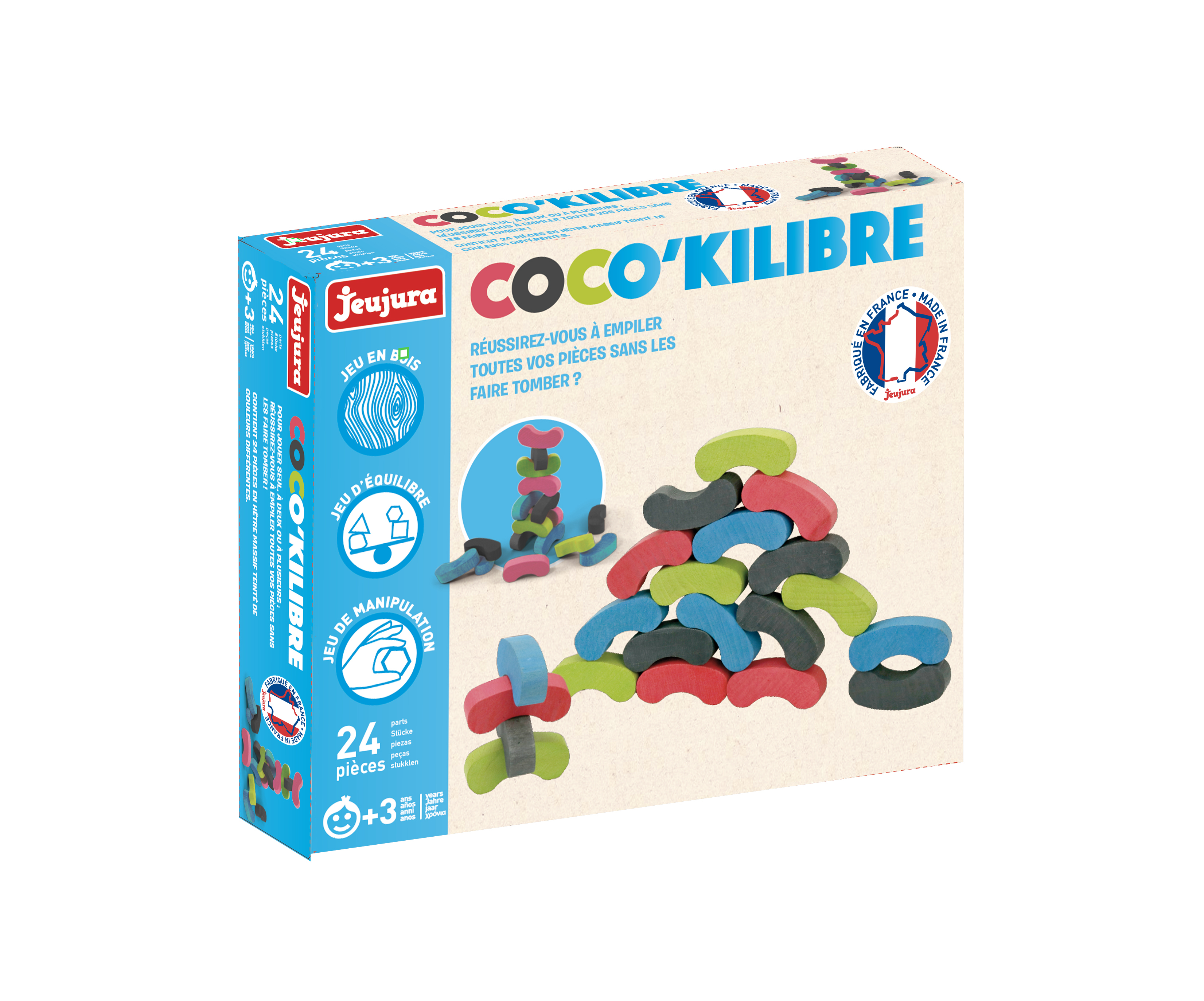 Schachtel des Coco'Kilibre-Spiels. Es gibt farbige Holzstücke zum Stapeln, die Schachtel hat Spieldetails und das Logo.