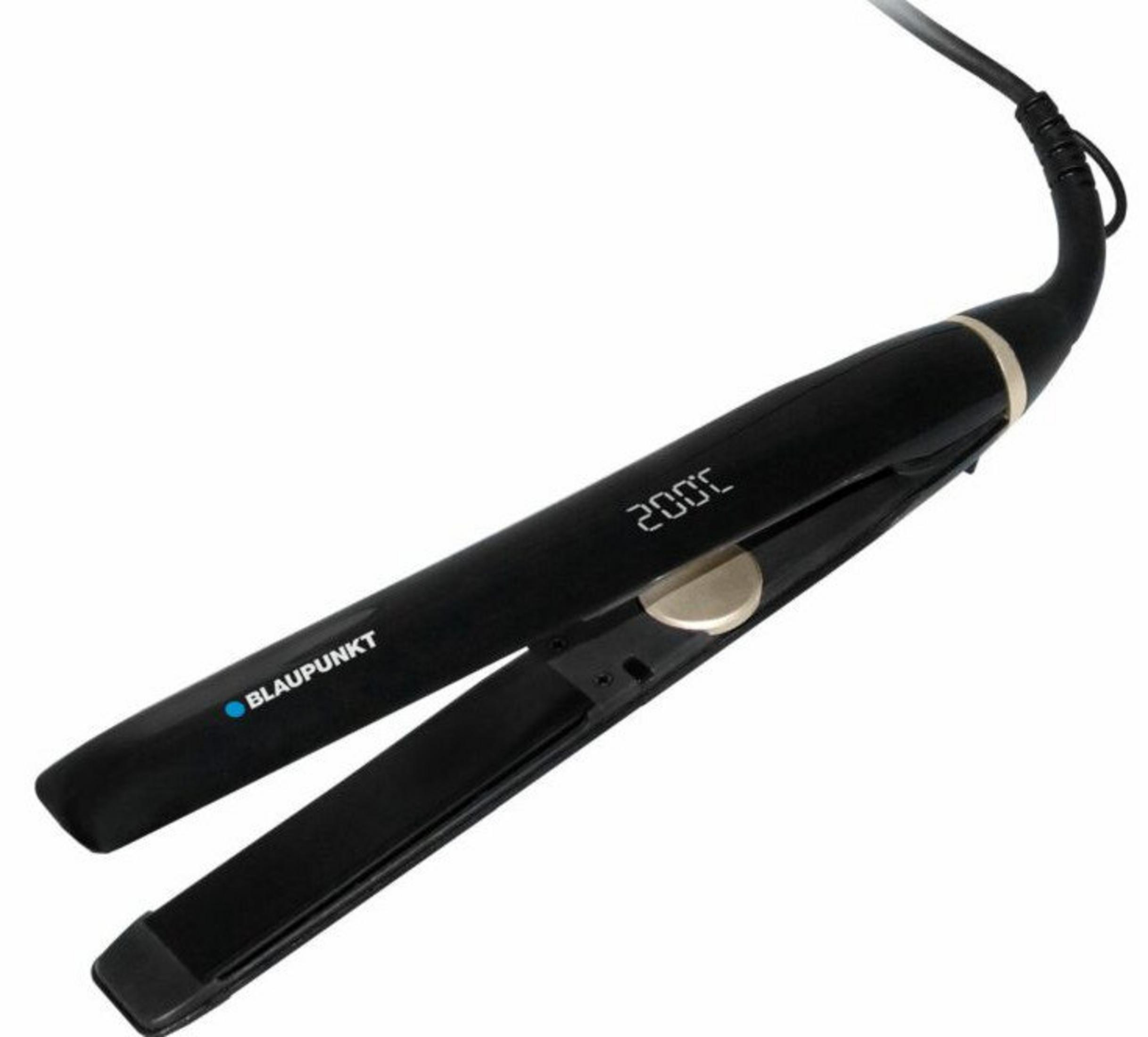 Ein schwarzes Blaupunkt-Haarglätteisen mit Digitalanzeige, die 200°C anzeigt. Es hat ein schwarzes Kabel.
