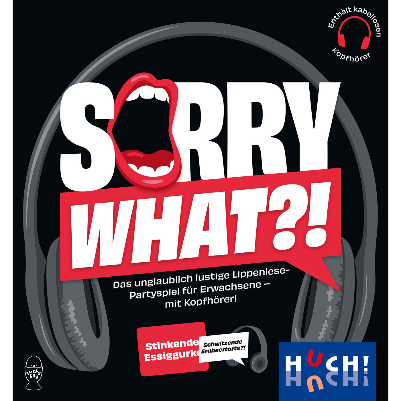 Poster con testo grande: SORRY WHAT?! Sono presenti una grafica di bocca e cuffie. Include testo su un gioco di società con cuffie.