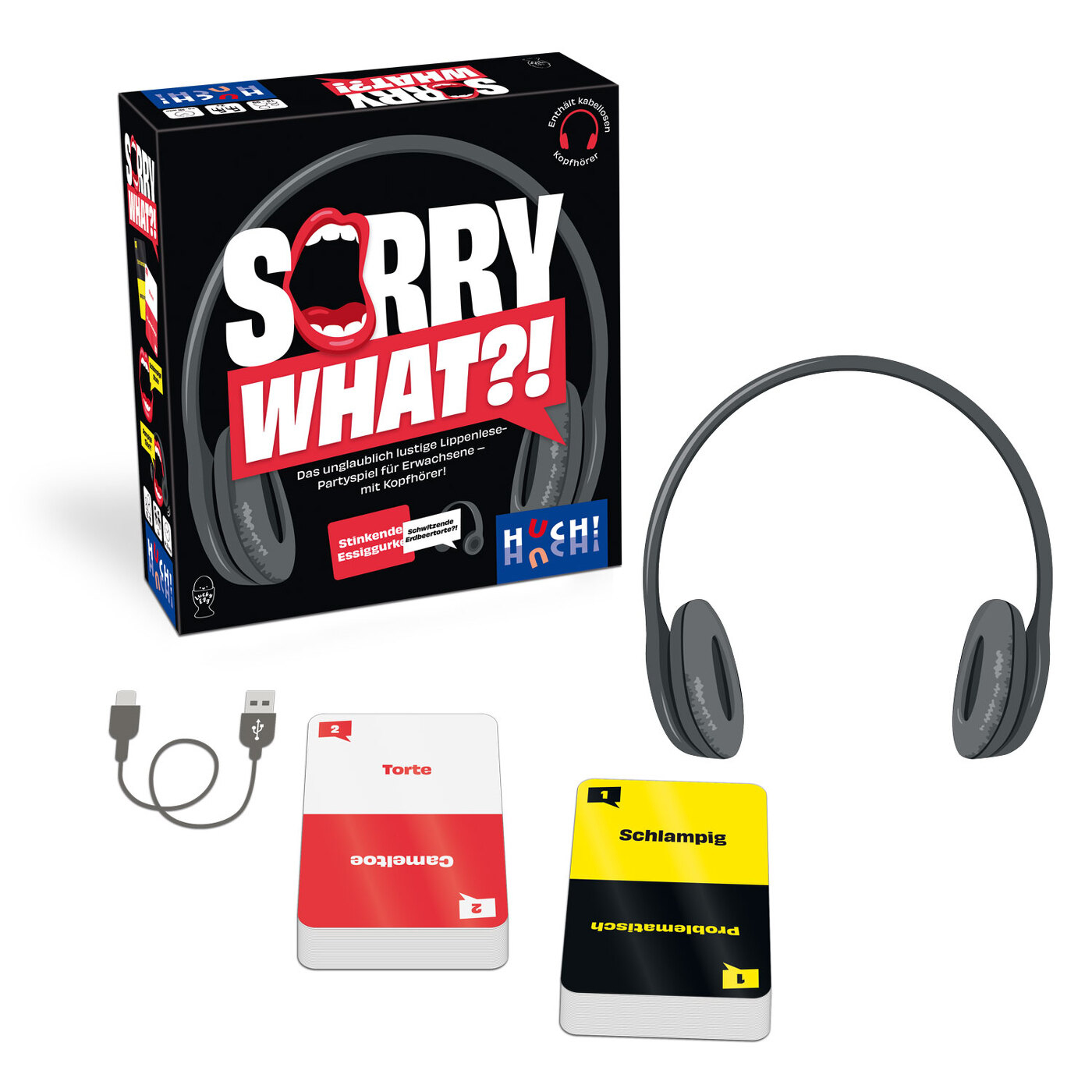 Una scatola di gioco con cuffie, carte e un cavo USB. La scatola dice 'SORRY WHAT?!'. Le carte hanno parole come 'Torte' e 'Schlampig'.