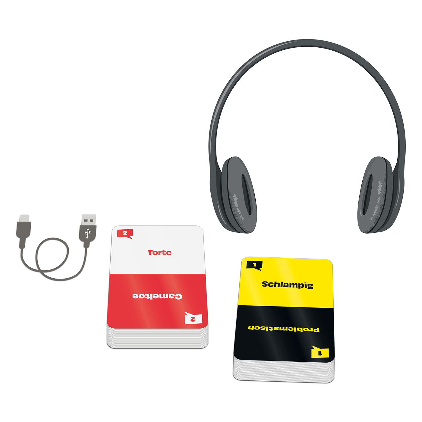 Cuffie, due mazzi di carte e un cavo USB su sfondo bianco. Le carte mostrano parole tedesche. Le cuffie sono grigie.