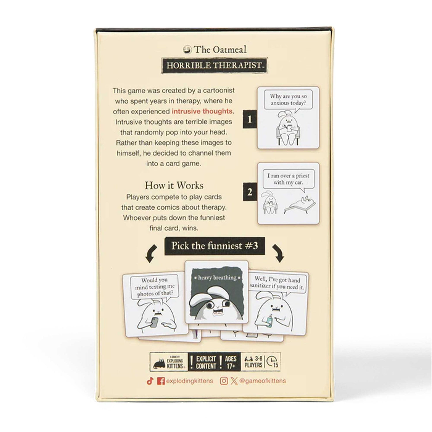 Kartenspielbox mit Cartoon-Bildern. Text enthält 'Horrible Therapist' und 'Exploding Kittens'. Das Spiel handelt von Therapie.