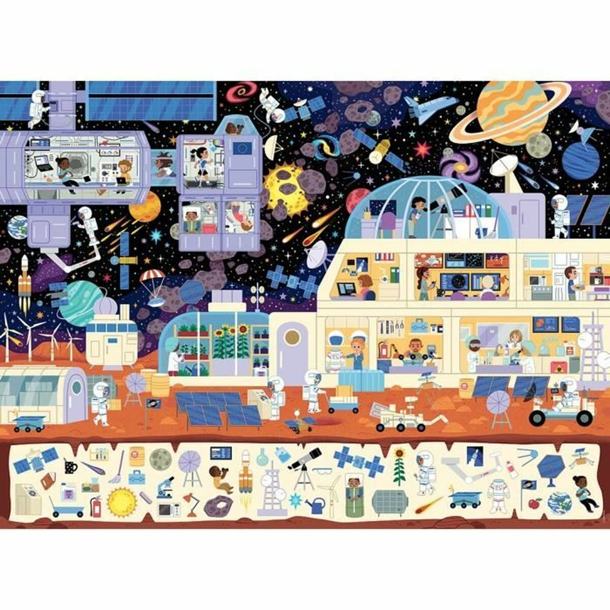 Eine farbenfrohe Illustration einer Raumstation mit Astronauten, Planeten und verschiedenen wissenschaftlichen Aktivitäten.
