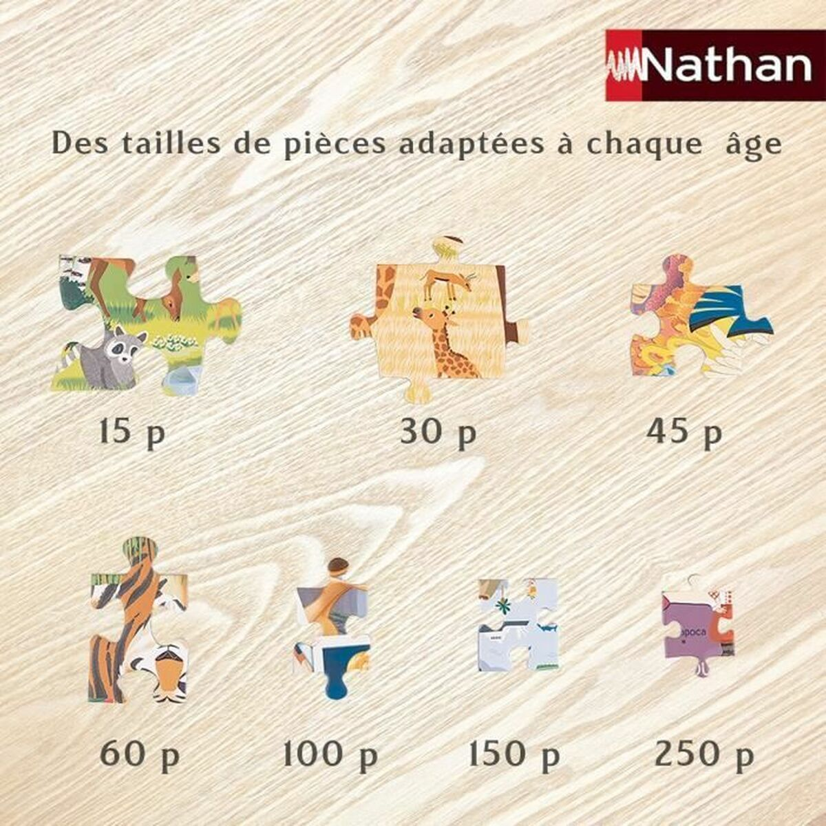 Das Bild zeigt Puzzleteile mit Tieren und Zahlen, die die Anzahl der Teile angeben. Das Nathan-Logo ist rechts oben sichtbar.