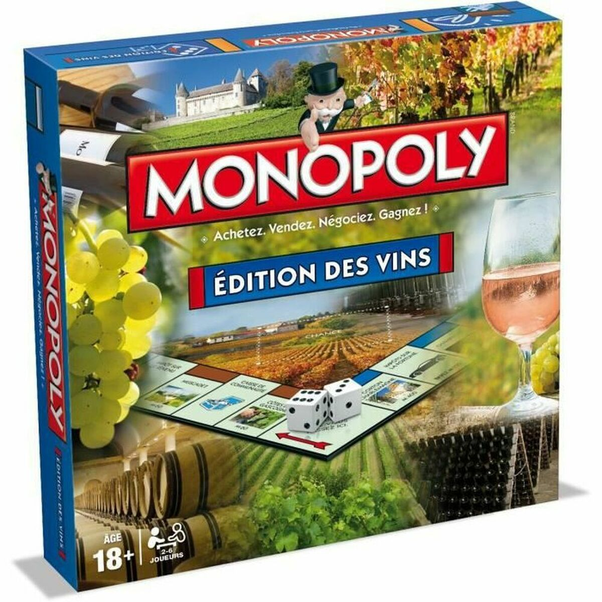 Monopoly Weinausgabe-Box. Mit Trauben, Weinglas, Würfeln, Weinbergen und Fässern. Enthält einen Mann mit Zylinder.