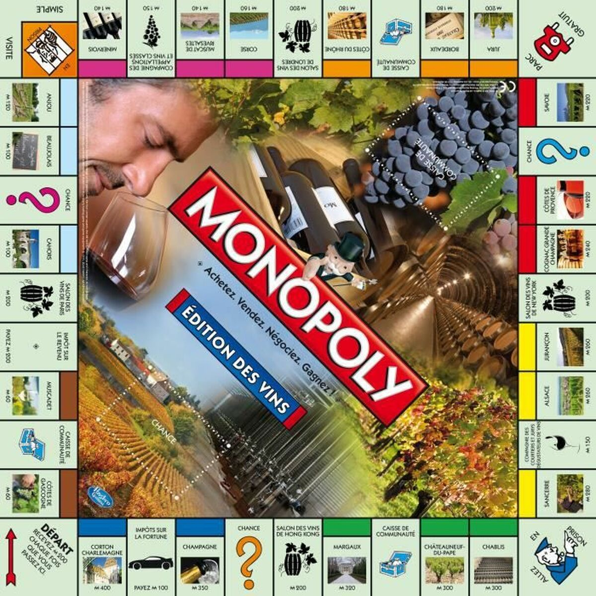 Monopoly-Wein-Edition-Brettspiel. Enthält Weinflaschen, das Monopoly-Logo und verschiedene Weinregionen.