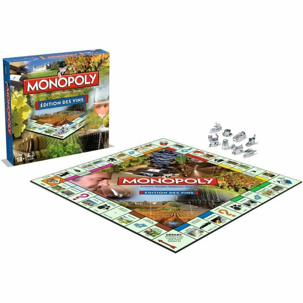 Monopoly-Wein-Edition-Spiel. Schachtel und Spielbrett mit Weinbergen. Metallspielsteine sind auf dem Brett verstreut.