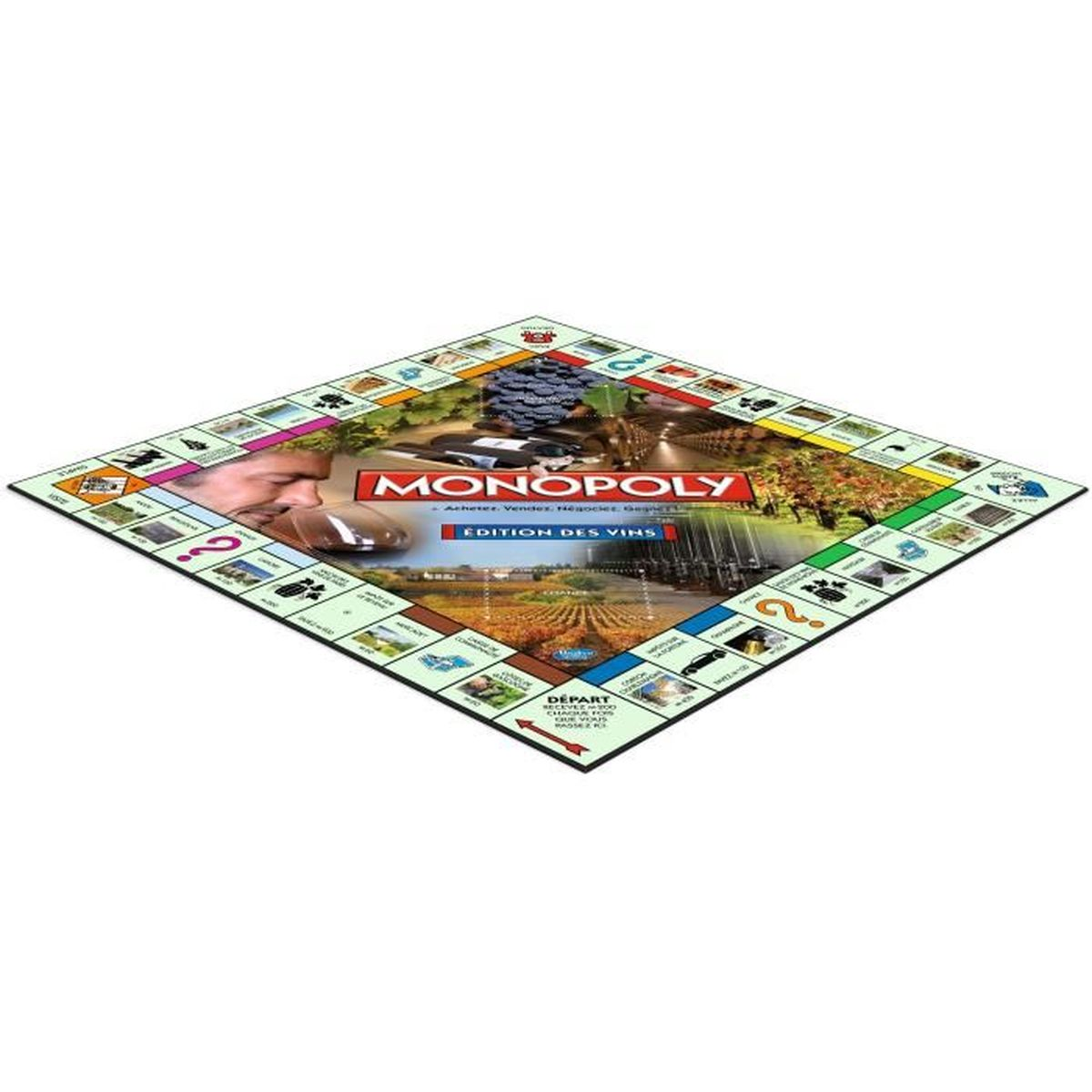 Ein Monopoly-Brettspiel, 'Edition des Vins', mit Weinthemen. Ein Mann riecht an Wein. Weinberge und ein Weinberg sind abgebildet.