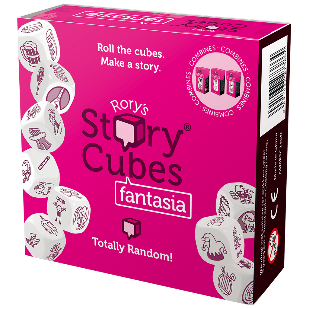 Eine rosa Schachtel mit Rory's Story Cubes: Fantasia. Weiße Würfel mit Zeichnungen sind verstreut. Der Text lautet: 'Würfle die Würfel. Erfinde eine Geschichte.'