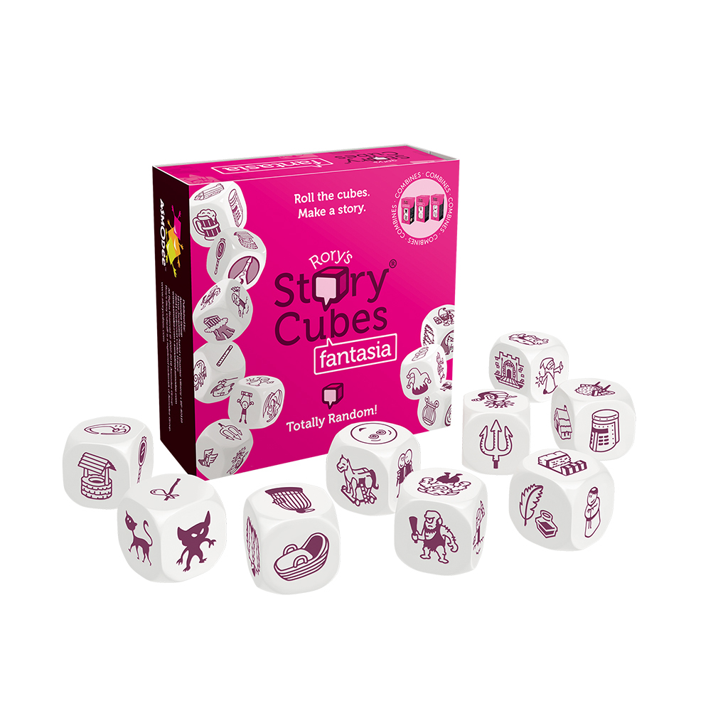 Eine Schachtel mit Rory's Story Cubes Fantasia mit Würfeln. Würfel zeigen Bilder von Brunnen, Katze, Monster, Boot, Pferd und mehr.