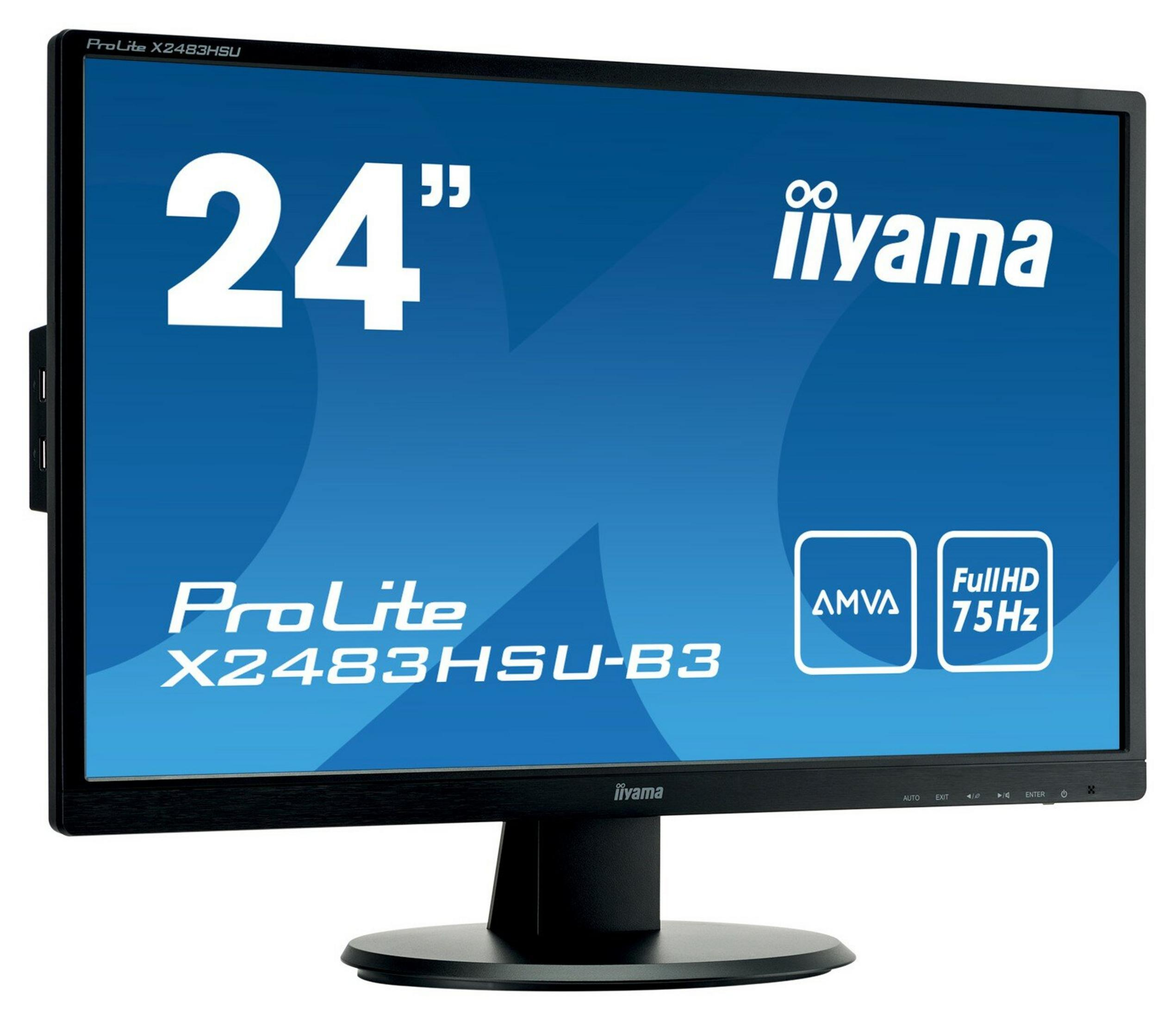 Een computermonitor met een blauw scherm toont tekst en logo's, waaronder '24",' 'iiyama' en 'Full HD 75Hz'.