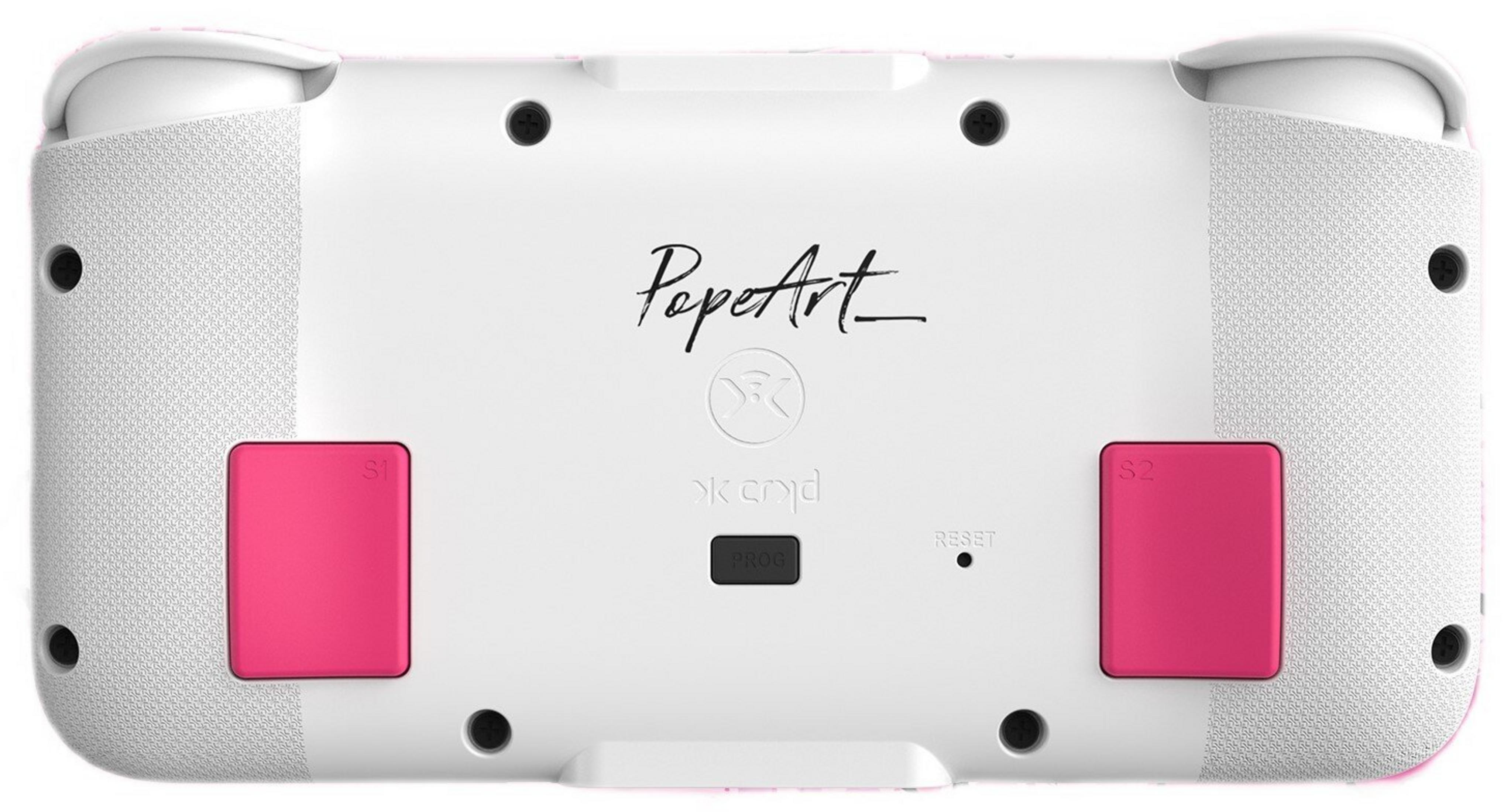 Retro del controller bianco con pulsanti rosa. Logo 'Pope Art', pulsante 'Prog' ed etichette 'S1', 'S2' visibili.