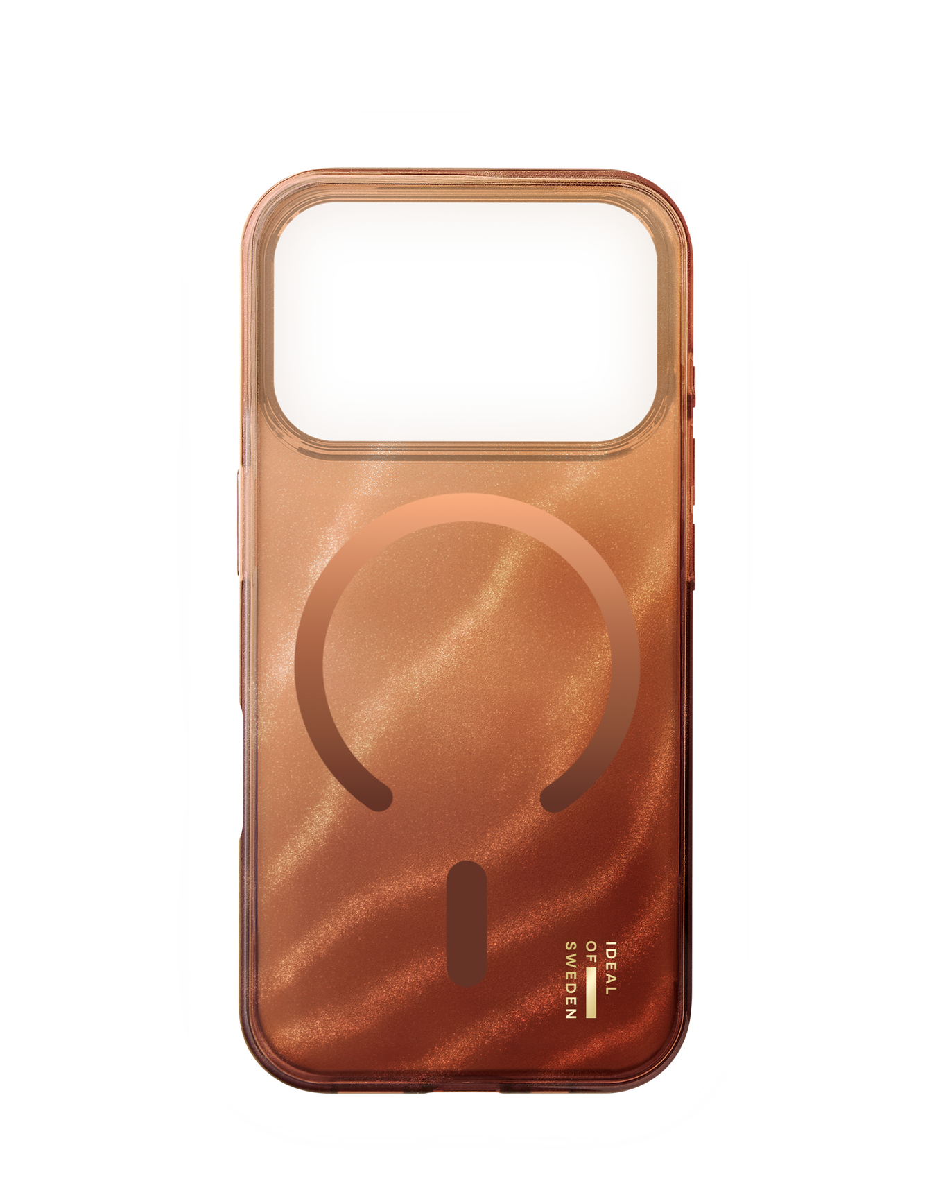 Eine Handyhülle mit einem bronzefarbenen Farbverlauf. Sie hat einen Kameraausschnitt und ein kreisförmiges Ladesymbol. Das Ideal of Sweden Logo ist sichtbar.