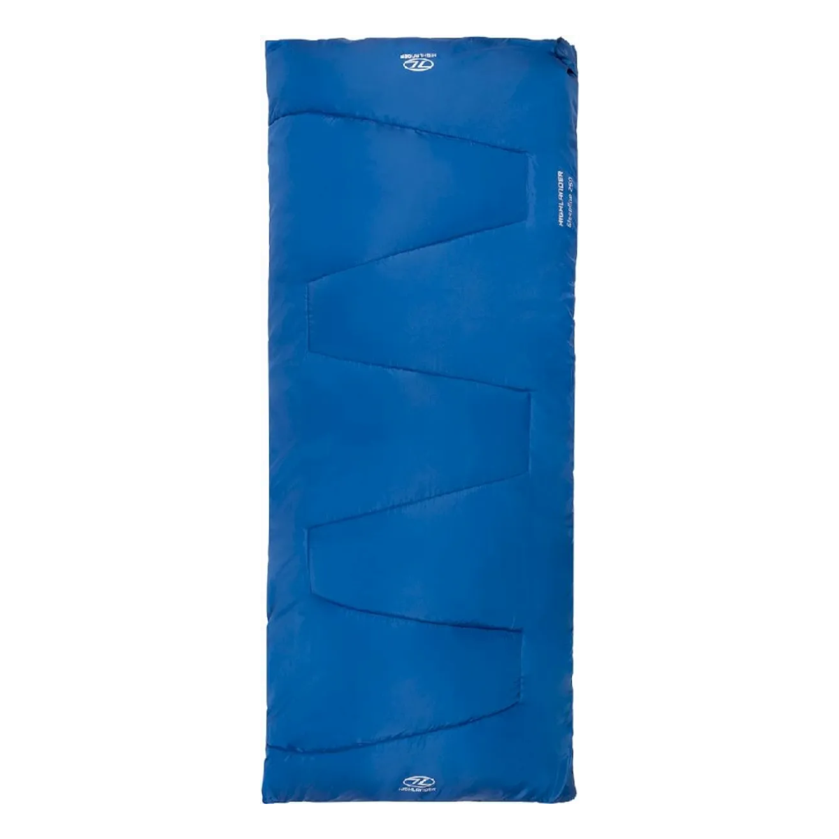 Ein blauer Schlafsack mit dem Logo "Highlander". Der Schlafsack befindet sich auf weißem Hintergrund. Er ist gesteppt und hat einen Reißverschluss.
